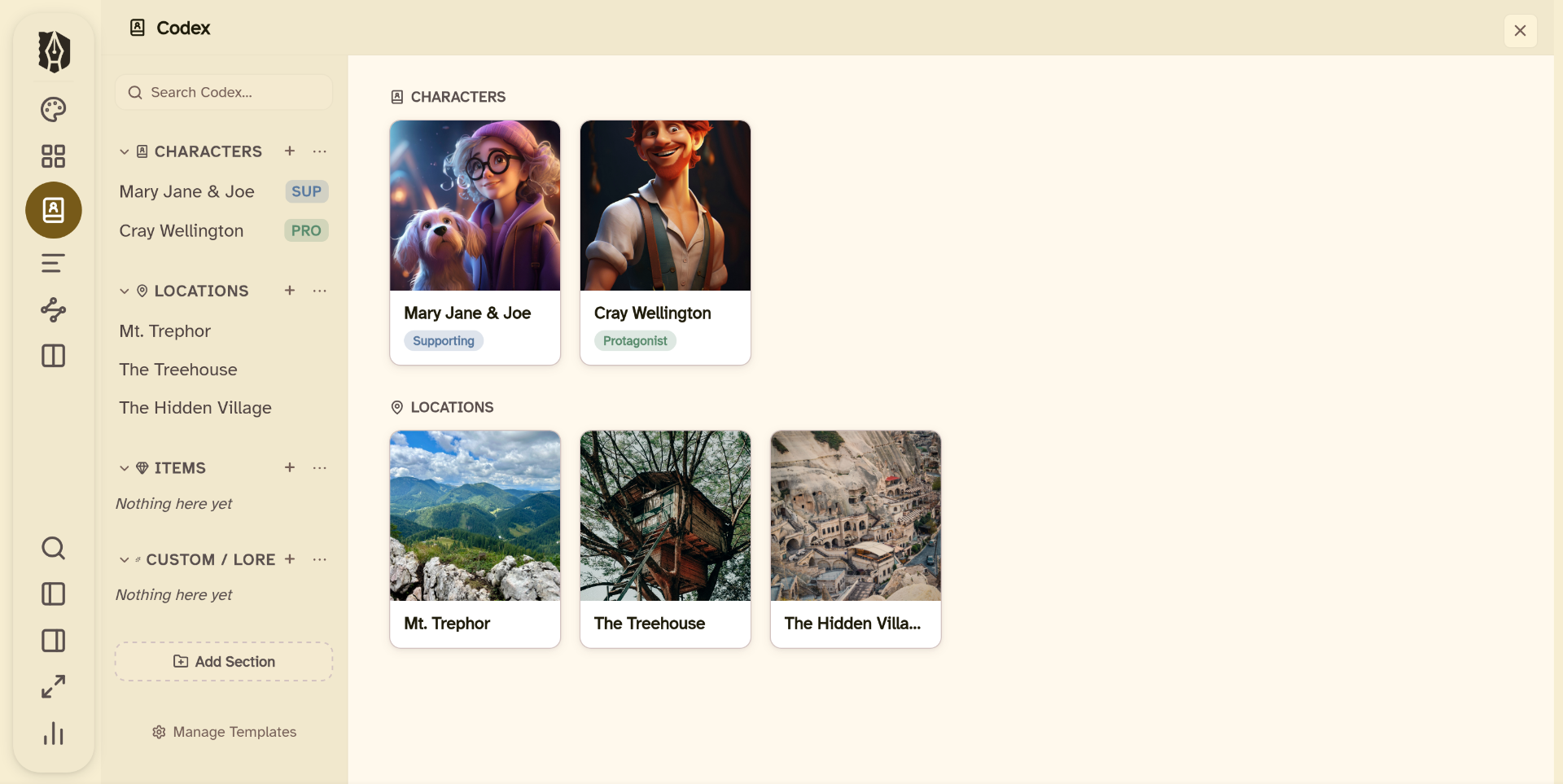 Deckle Codex: character and location entries