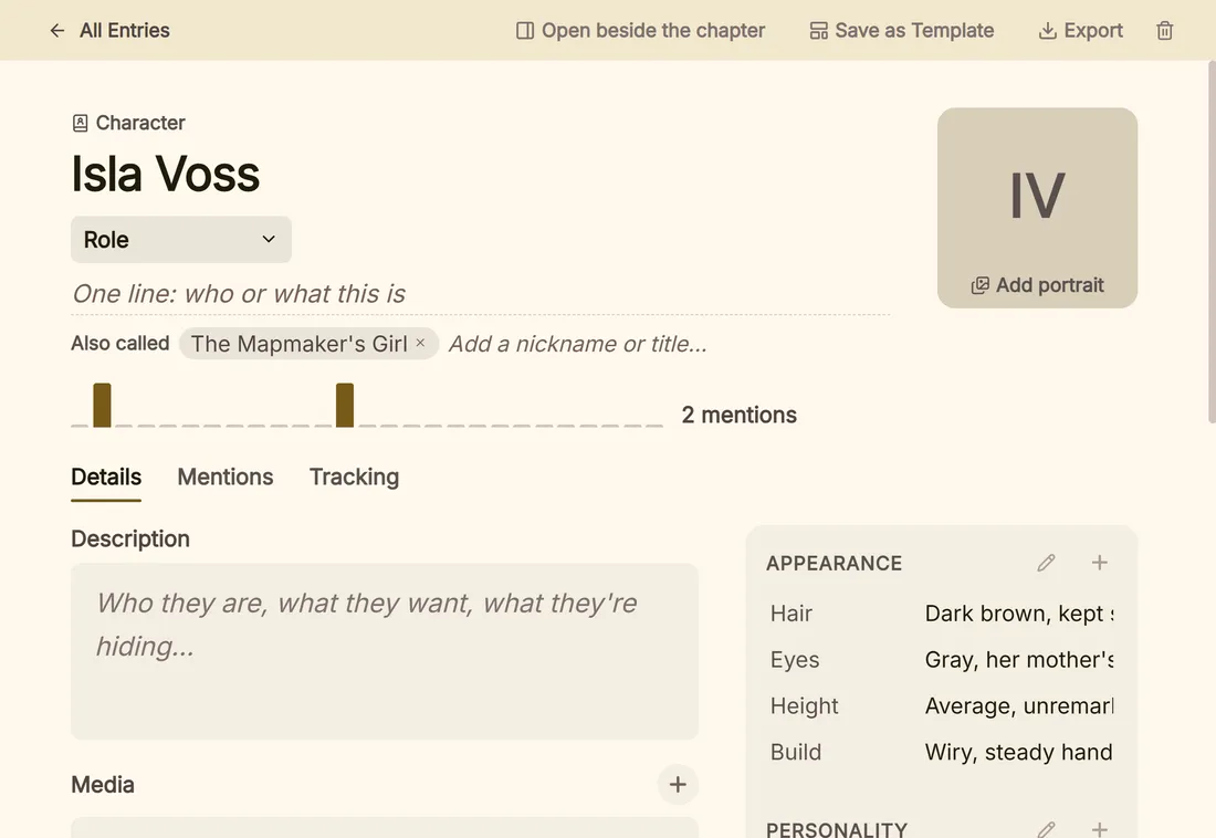 A character sheet in the Codex