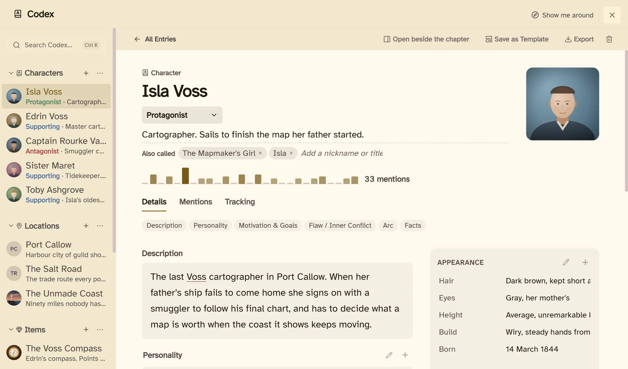 A character entry in the Codex with a portrait, role, summary and appearance fields