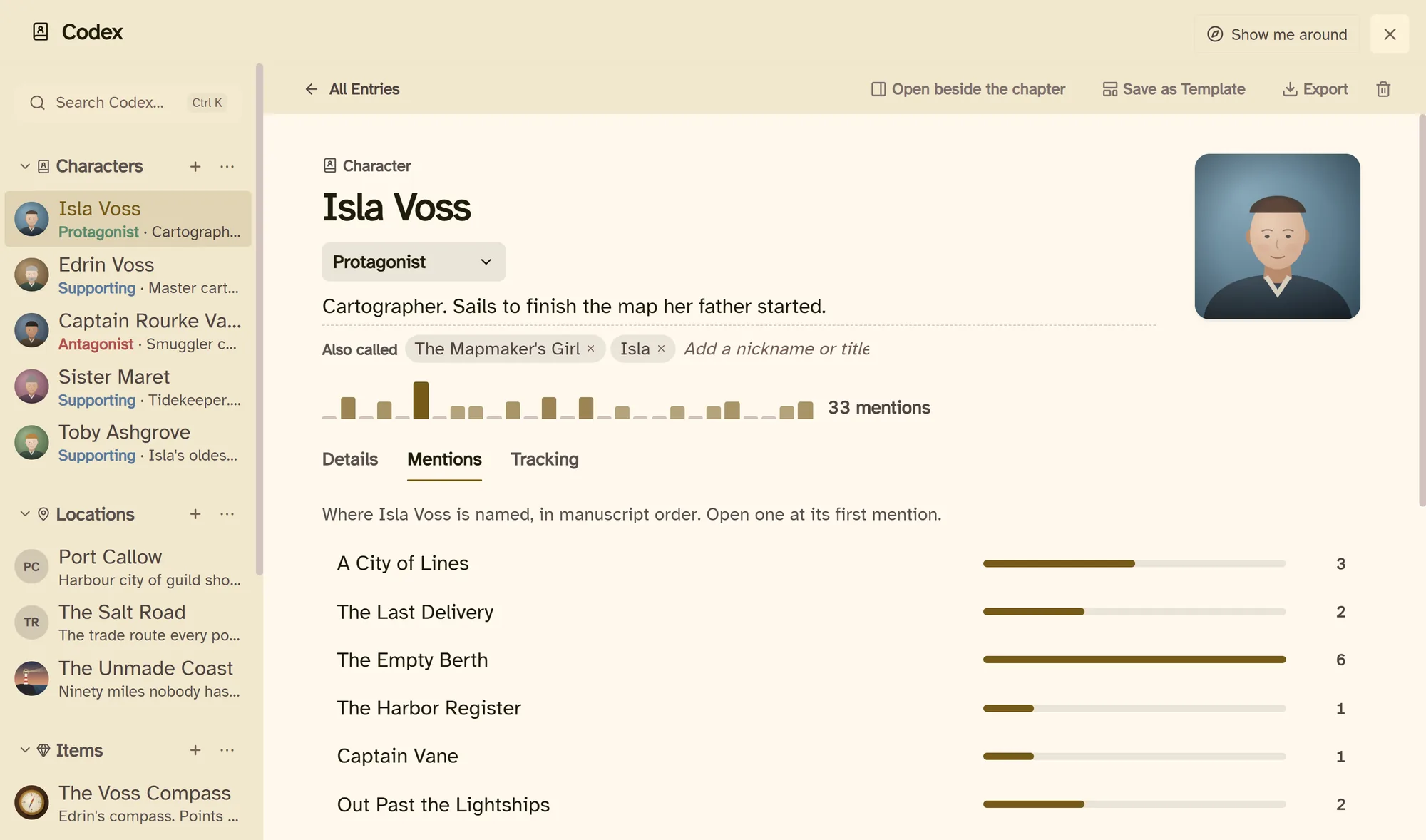 A Codex entry listing every chapter the character is named in, with counts