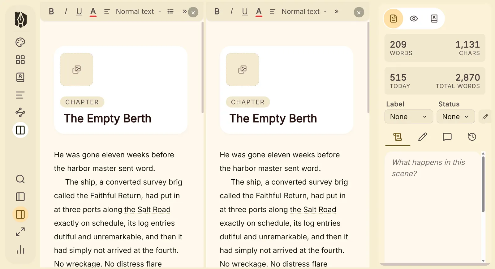 Two chapters open side by side in the split editor