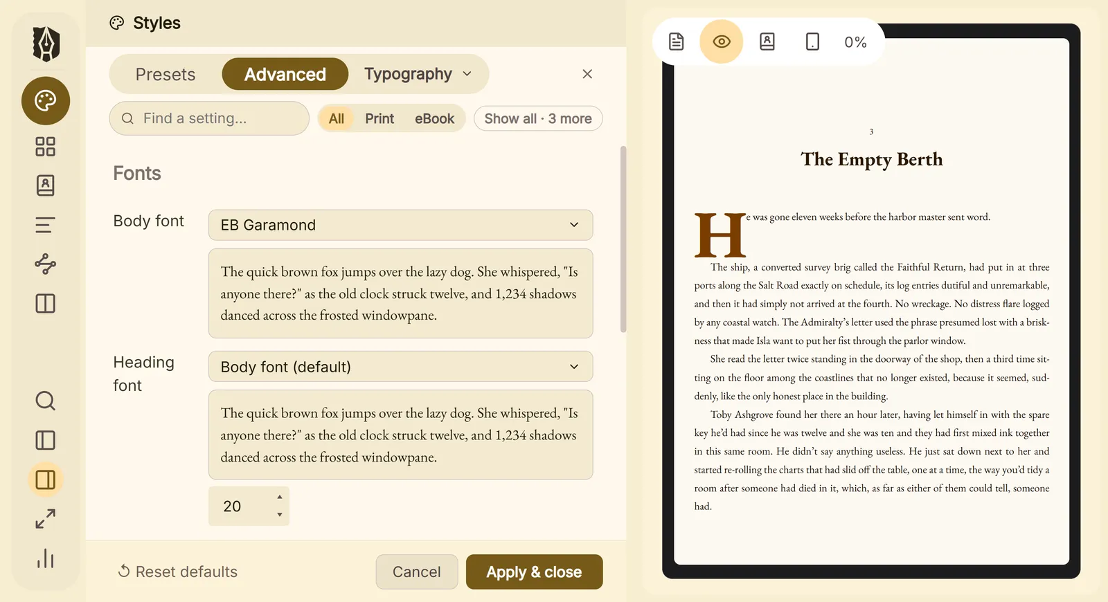 The Styler open beside the live book preview in Deckle