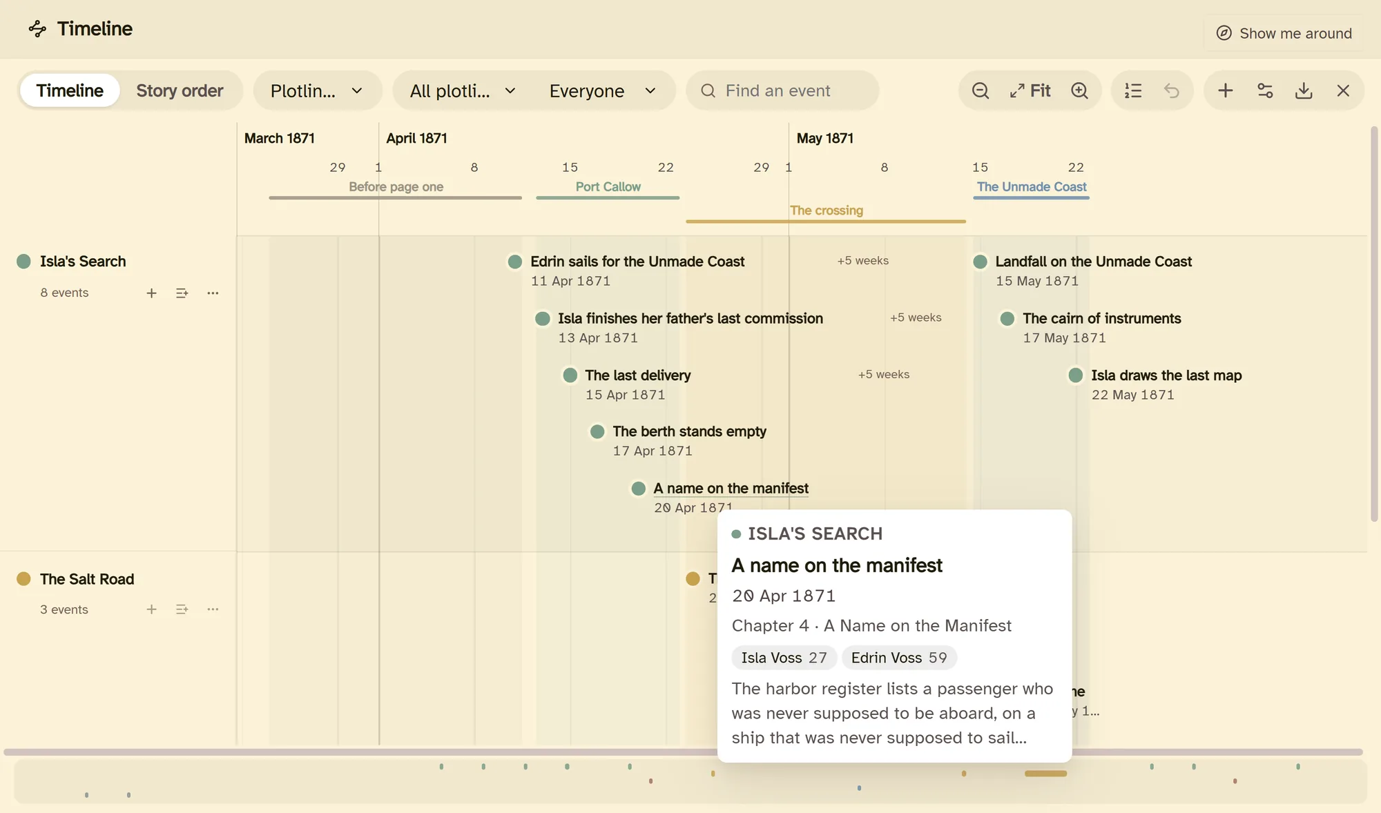 An event on the Timeline showing its chapter, and Isla Voss aged 27 and Edrin Voss aged 59 on that day