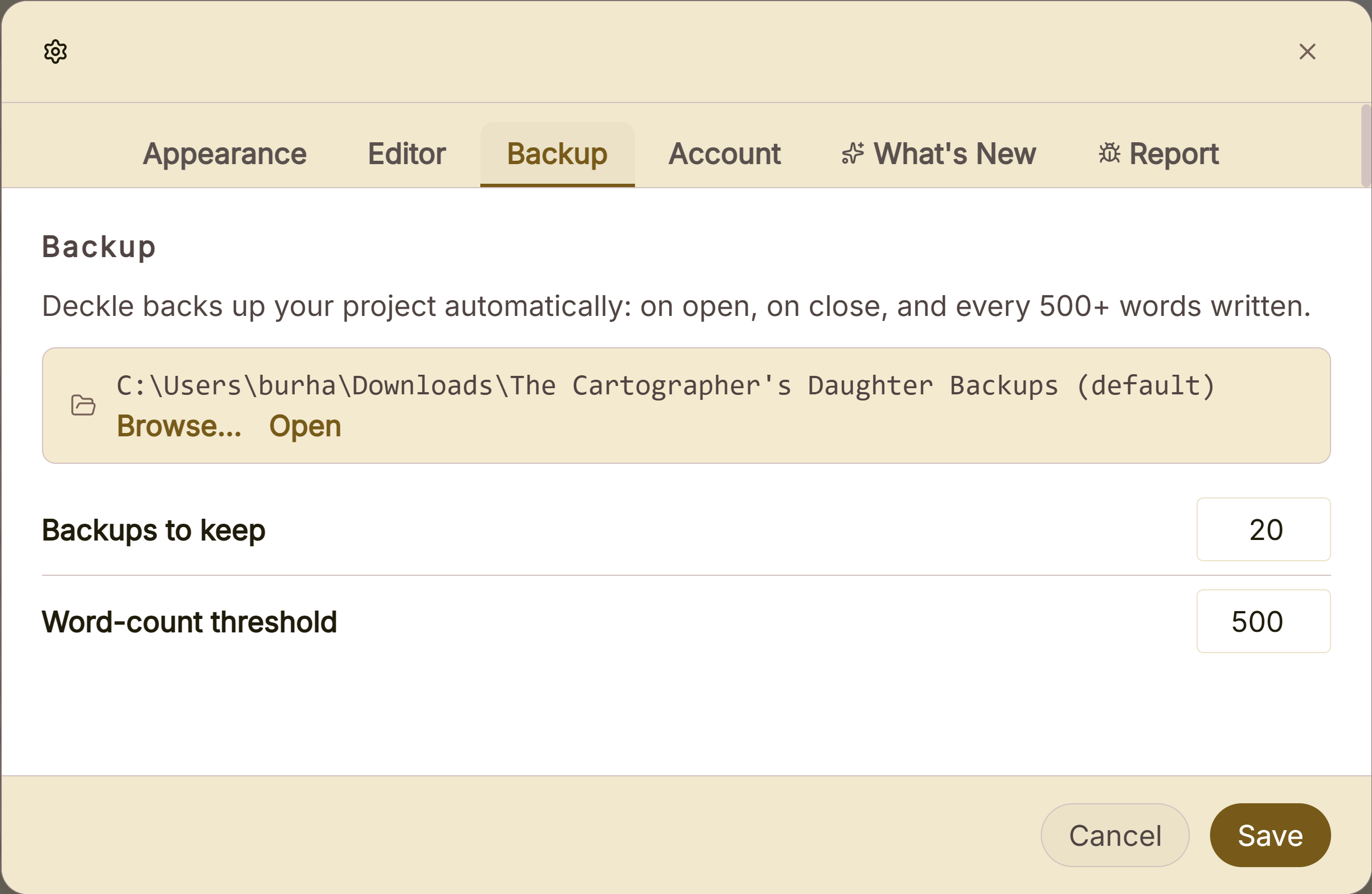 Deckle's backup settings, showing how often a project is copied and how many copies are kept.