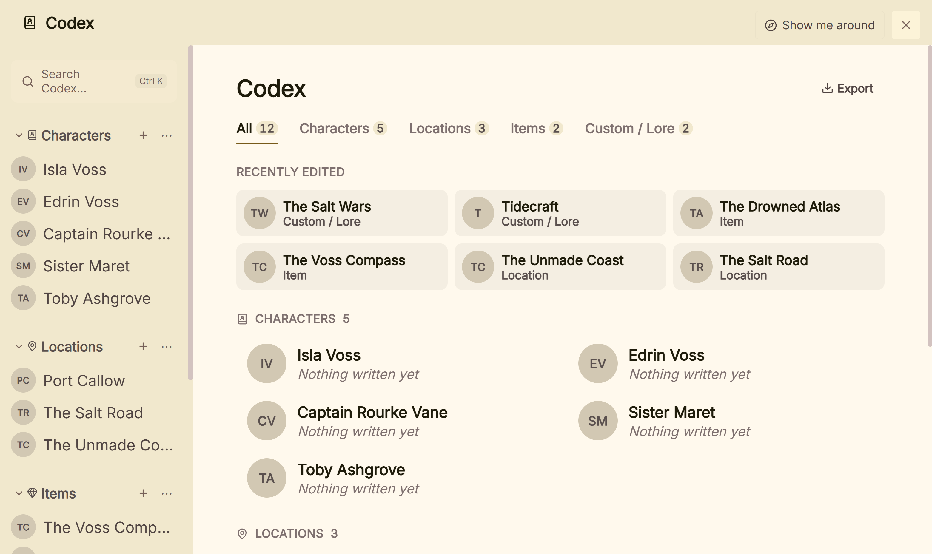 Deckle's Codex listing a book's characters, places and things, with one entry open beside the list.