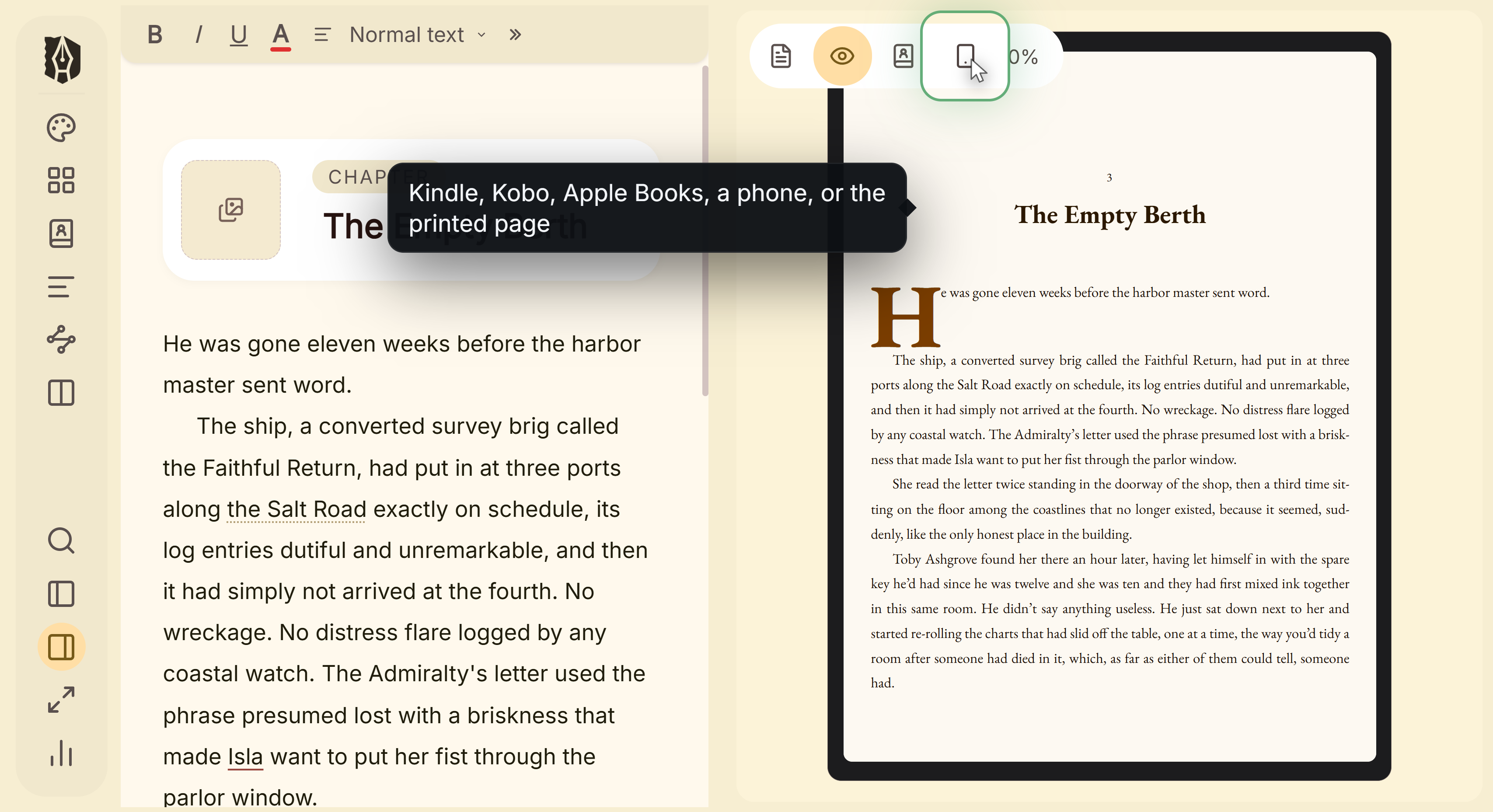 The preview's device control, which switches between Kindle, Kobo, Apple Books, a phone and the printed page.