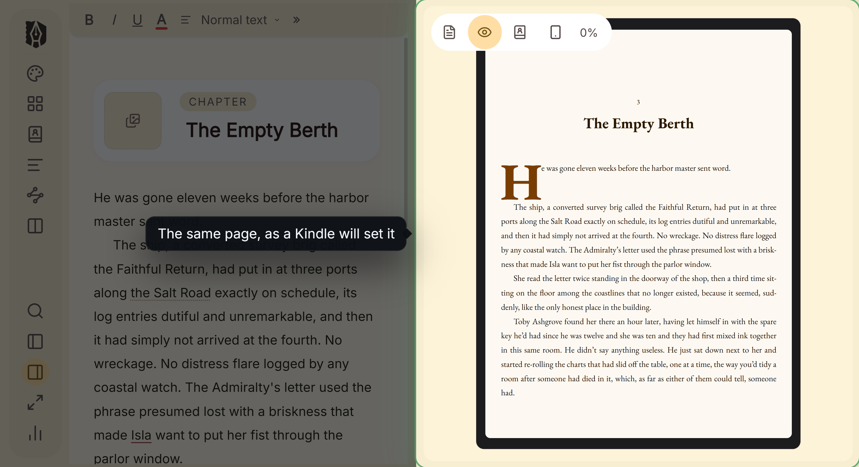Deckle showing a chapter being written on the left and the same page set as a Kindle would set it on the right.