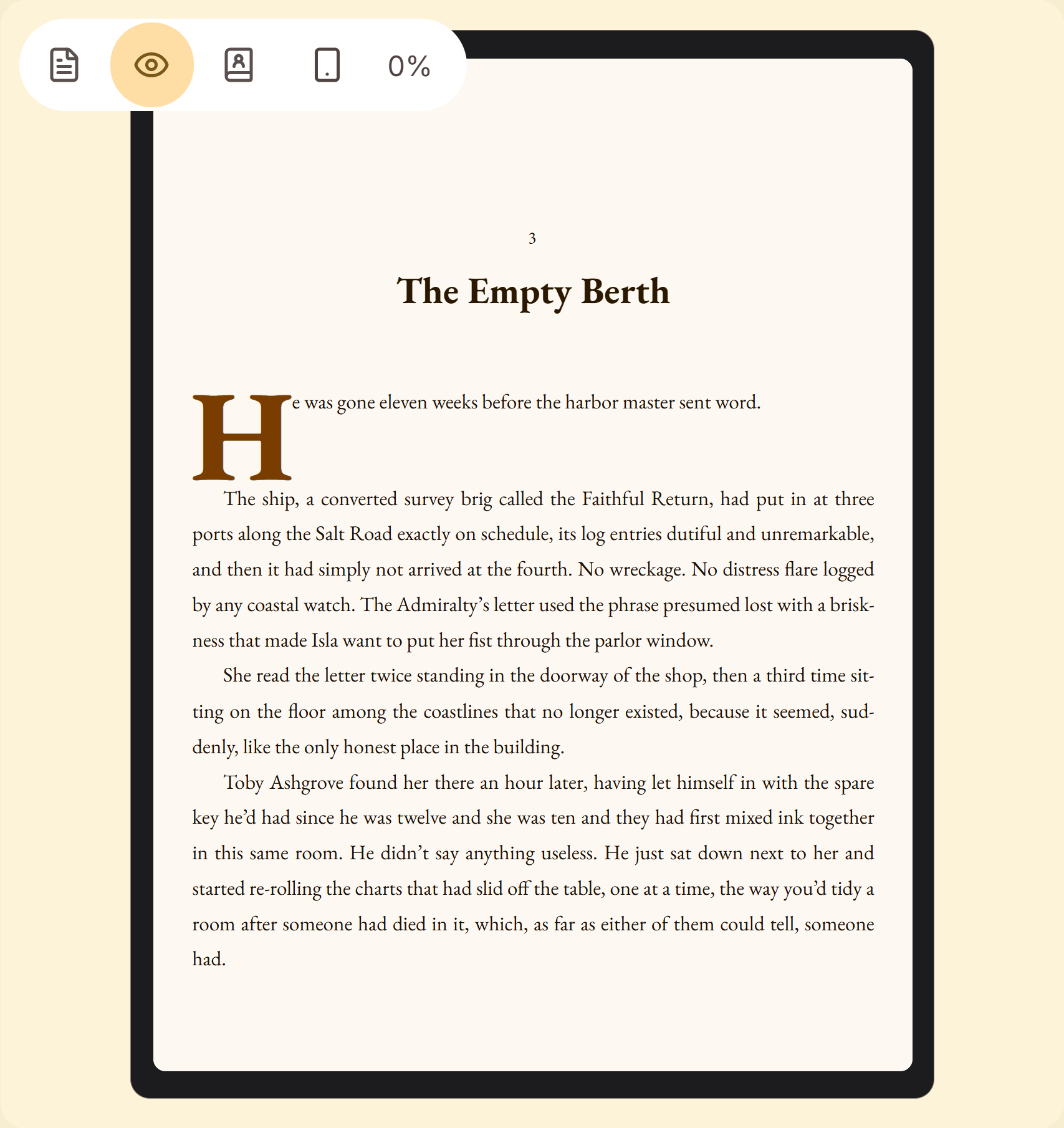 The live preview showing a chapter opening with its drop cap, exactly as it will appear on a Kindle.