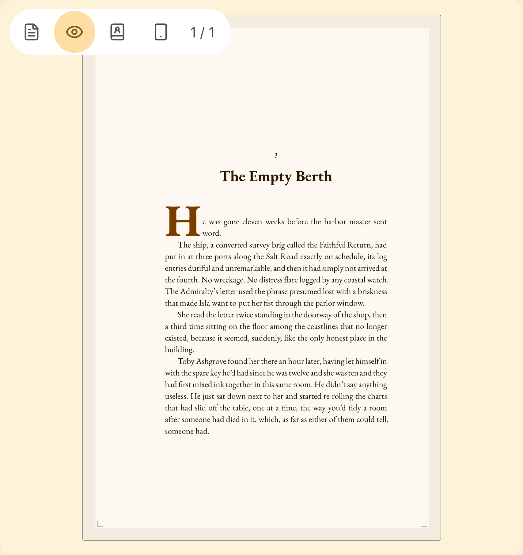 The preview showing the printed page at its real trim size, with its margins, running head and folio.