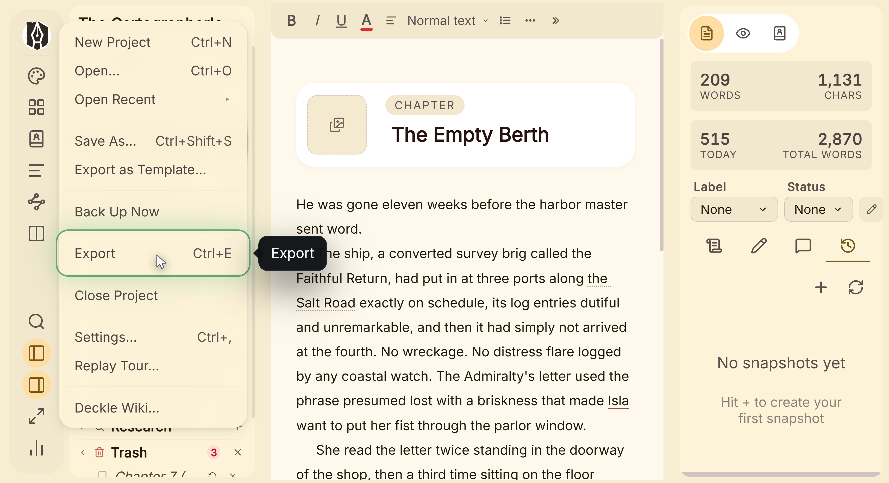 The File menu open on Export, which is where a finished book is built from.
