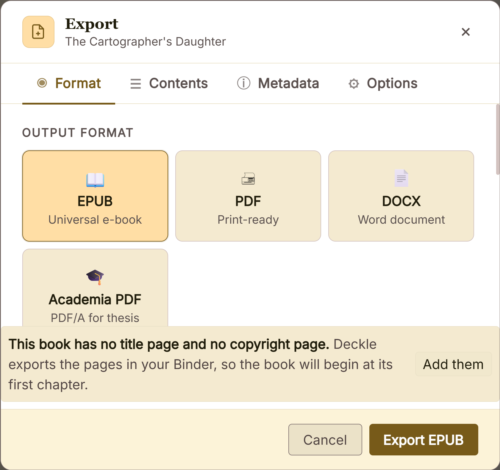 Deckle's export panel, where a finished draft is built as an EPUB, a print-ready PDF or a Word file.
