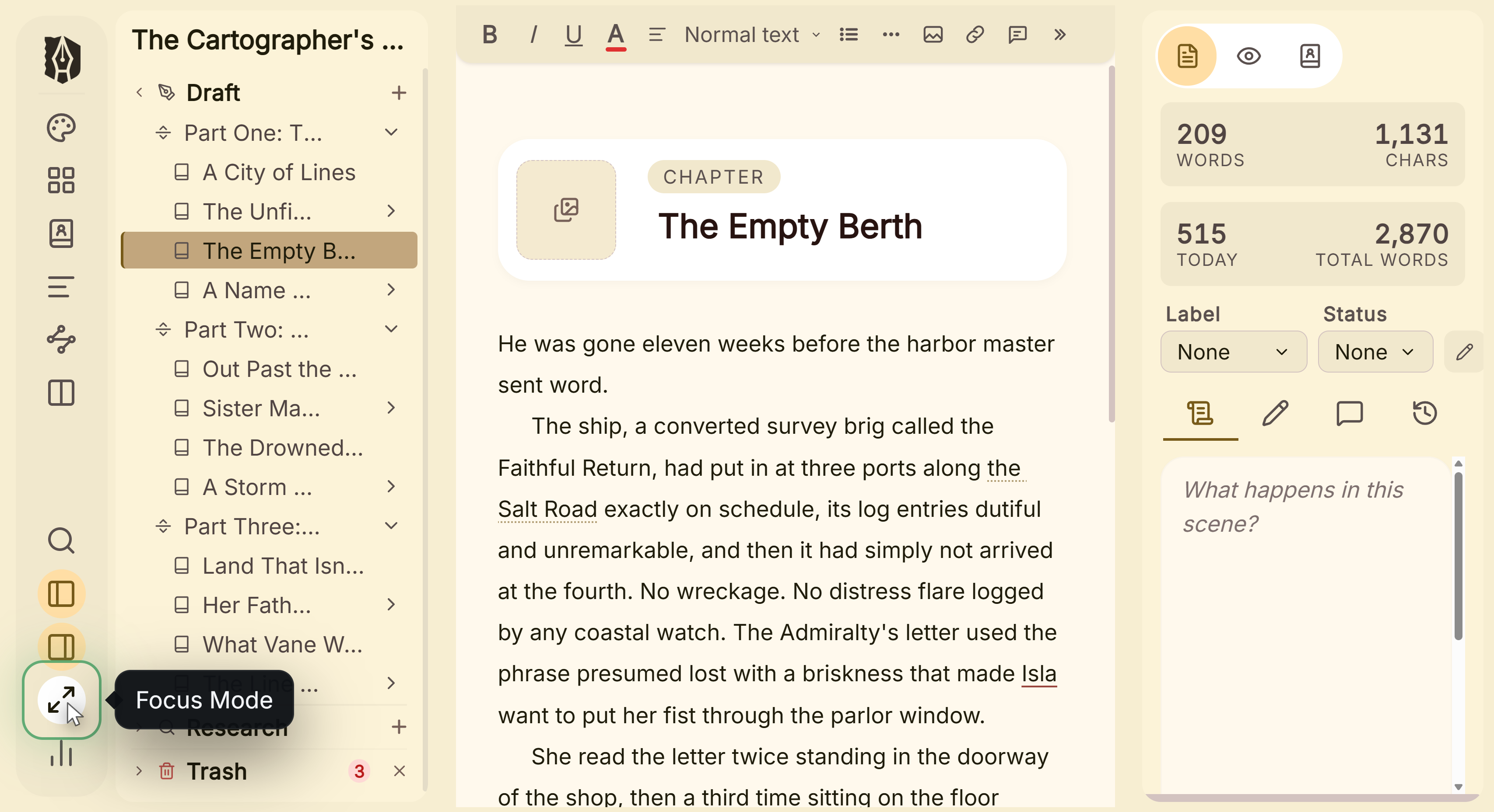 The focus mode control in Deckle's left-hand menu, which clears everything but the page.
