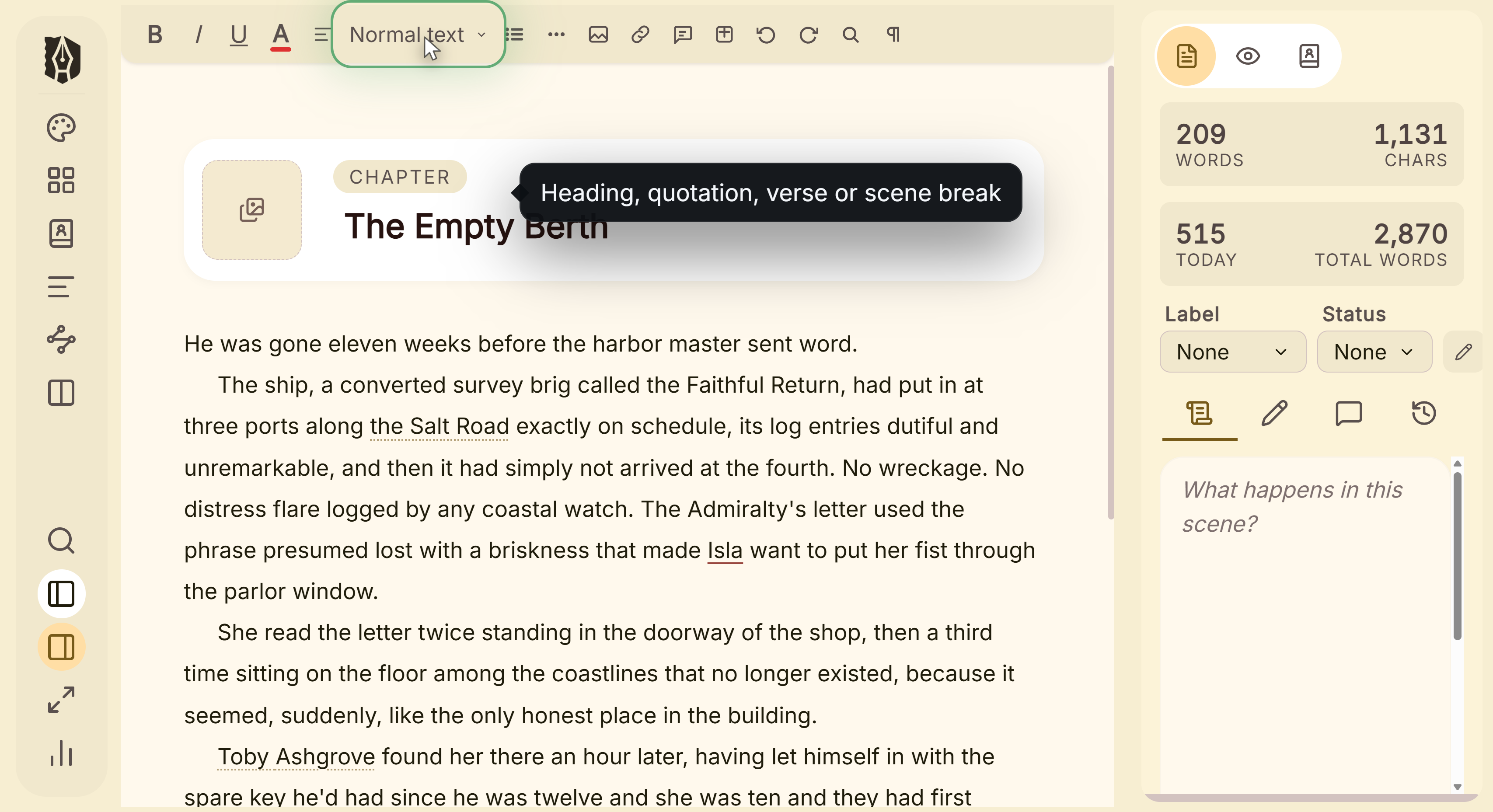 The block menu, which turns a paragraph into a heading, a quotation, a verse block or a scene break.