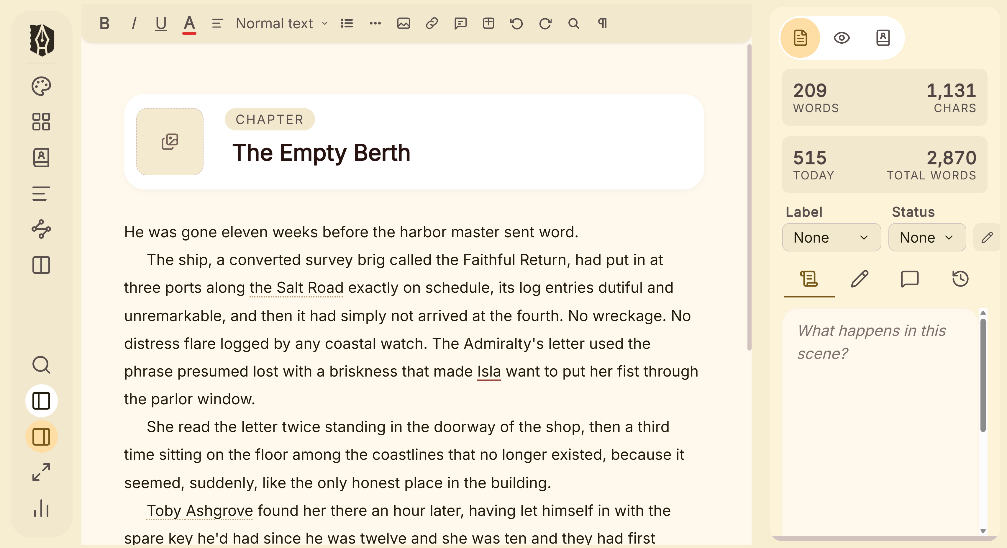 A chapter open in Deckle's editor, the formatting toolbar above the prose and the inspector alongside it.