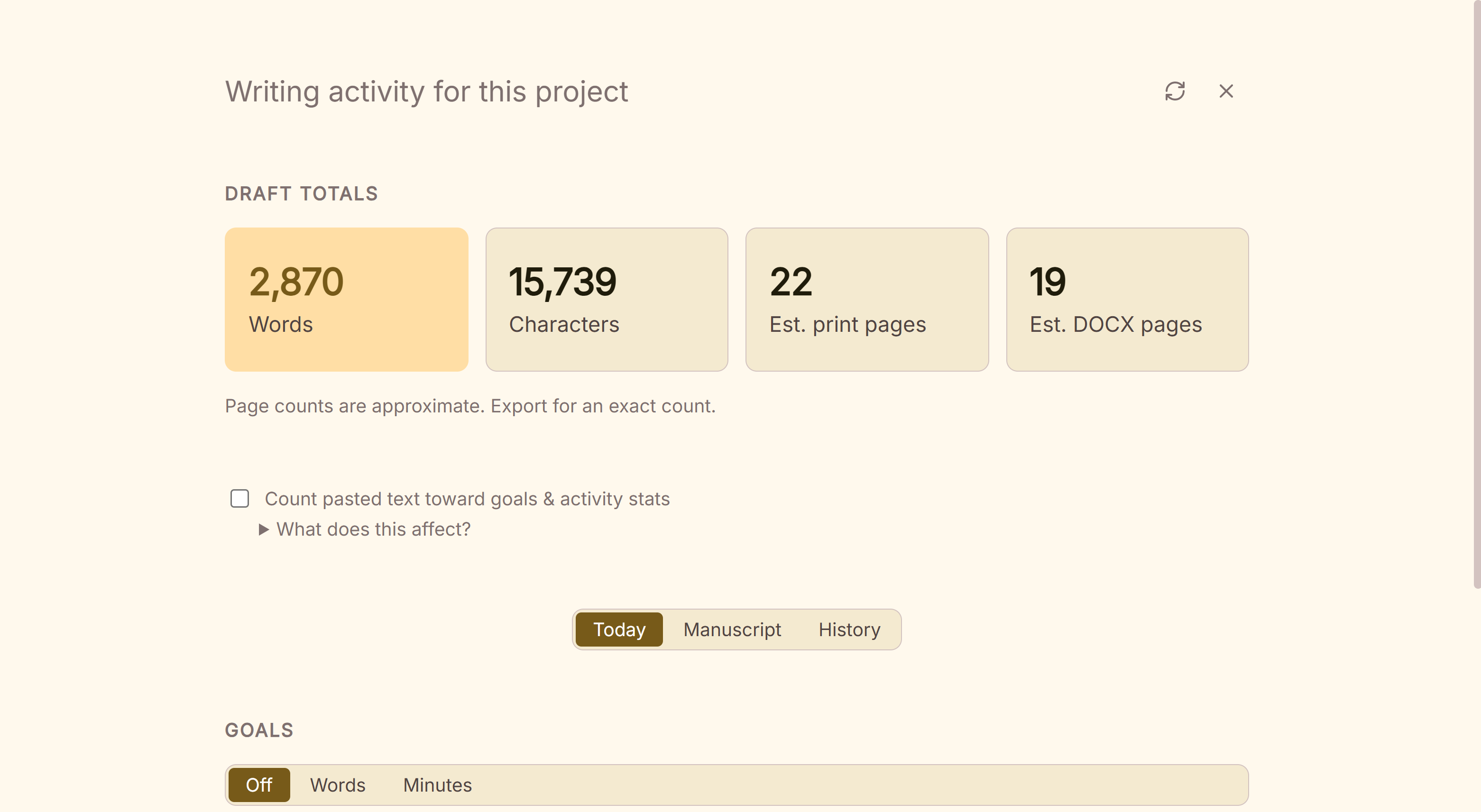 Deckle's writing statistics: the draft's word and character totals, estimated page count, and what was written today.