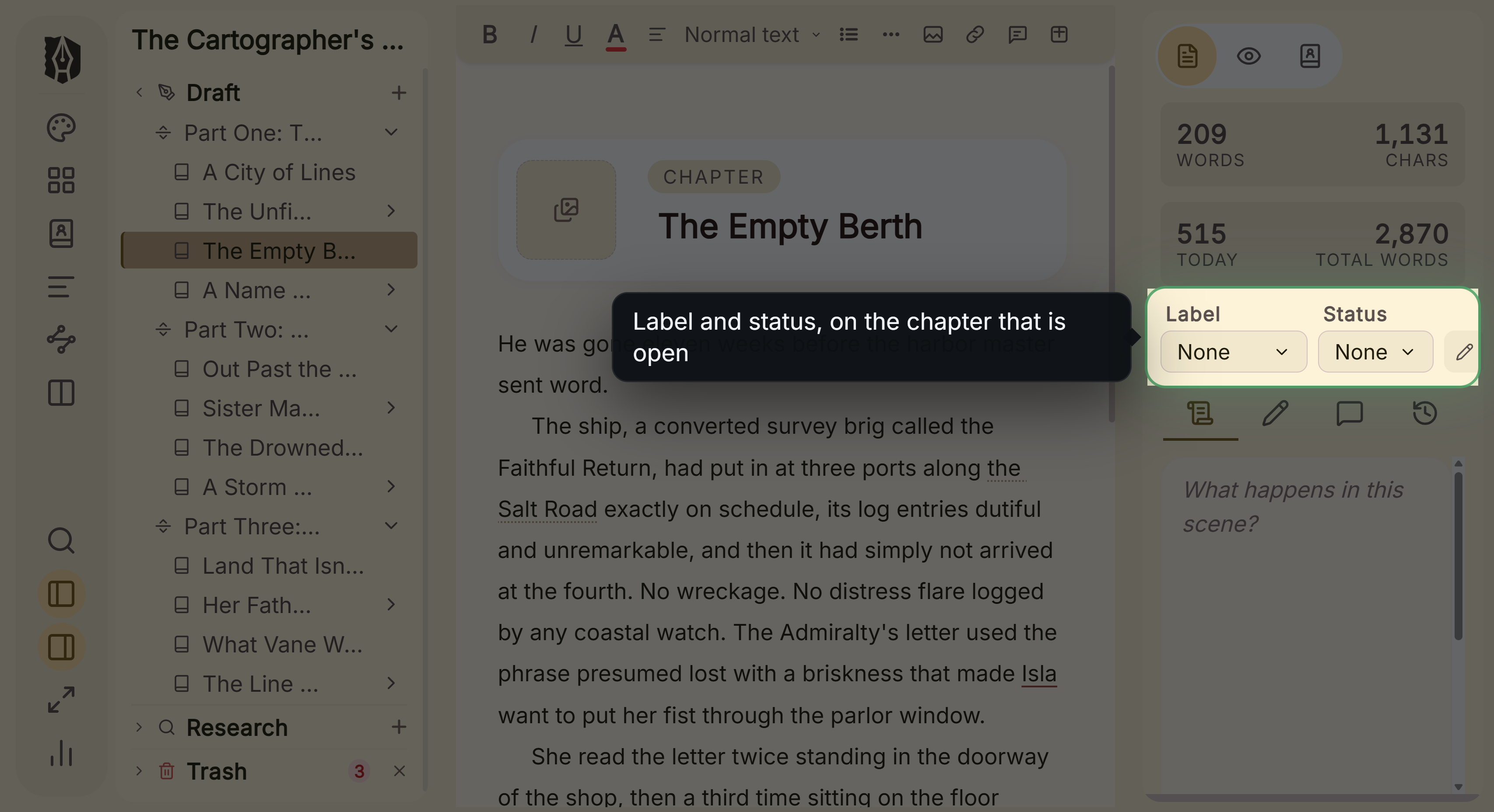 Deckle with the inspector's label and status controls picked out beside the chapter being written.