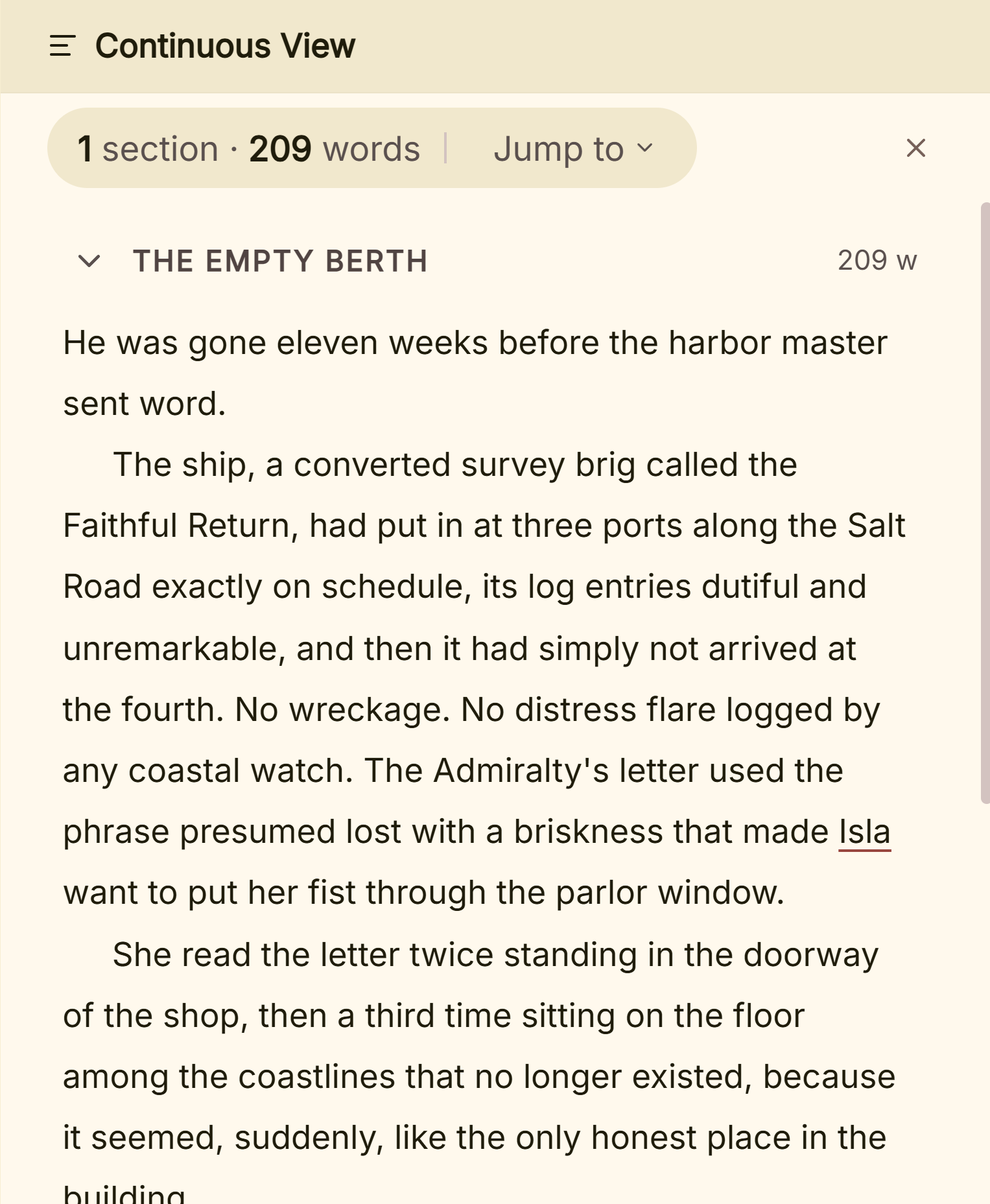 Continuous View joining every scene in a part into one scrolling manuscript, the way a reader meets it.