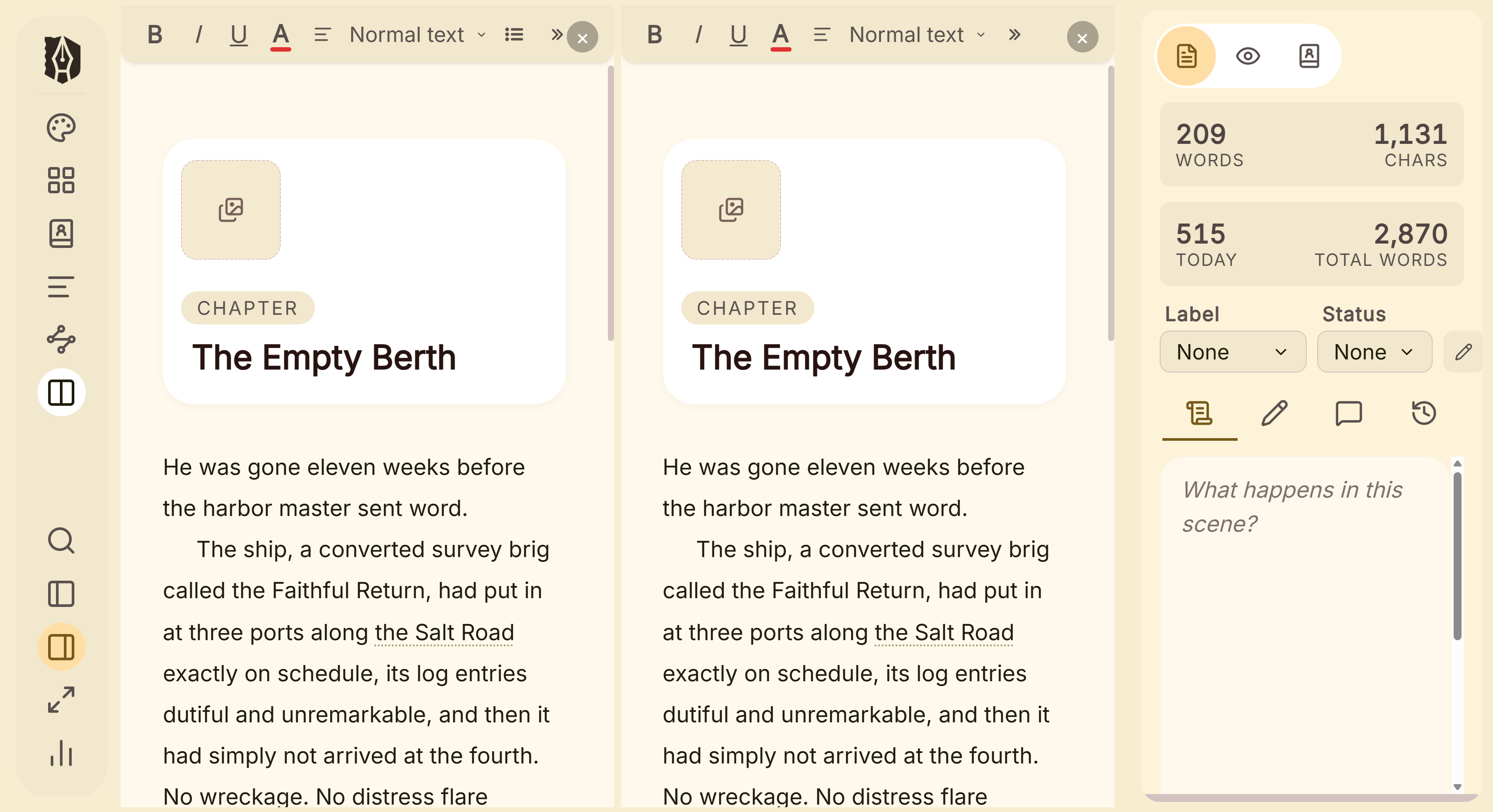 Deckle's split editor with two chapters open at once, so one can be read while the other is written.