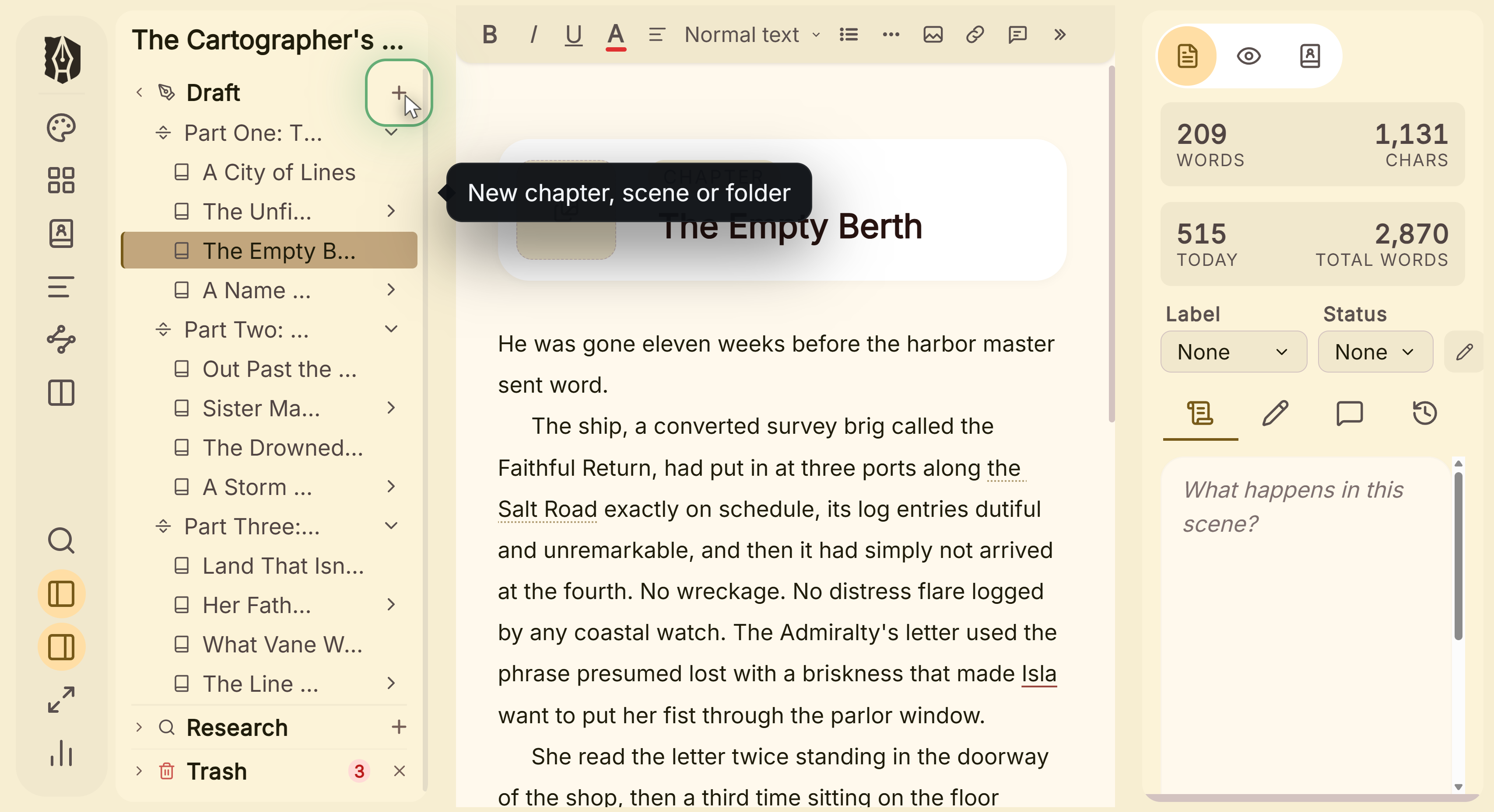 The binder's add control, which makes a new chapter, scene or folder wherever the selection is.
