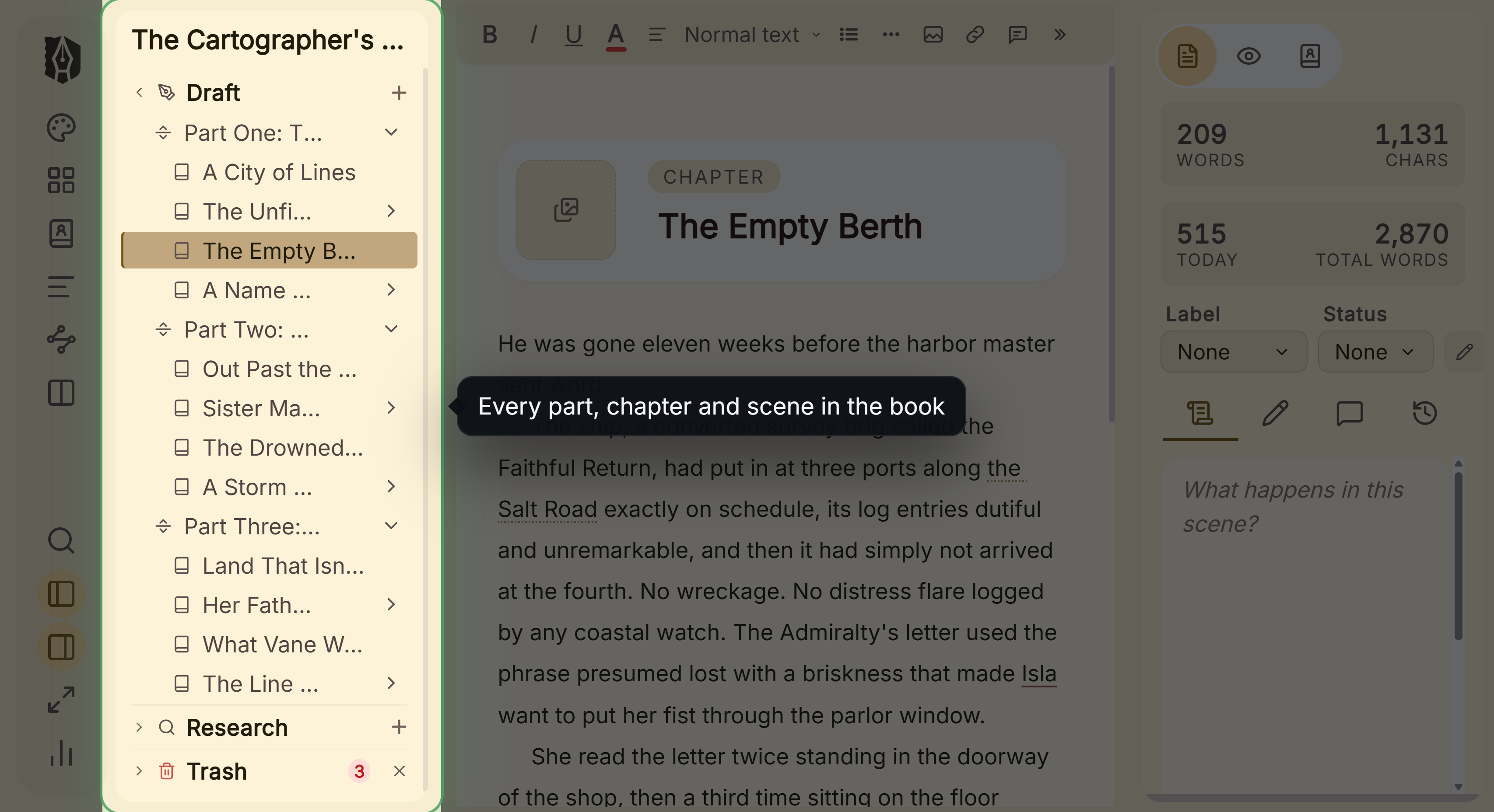 Deckle with the binder open beside a chapter, showing a book divided into parts, chapters and scenes.