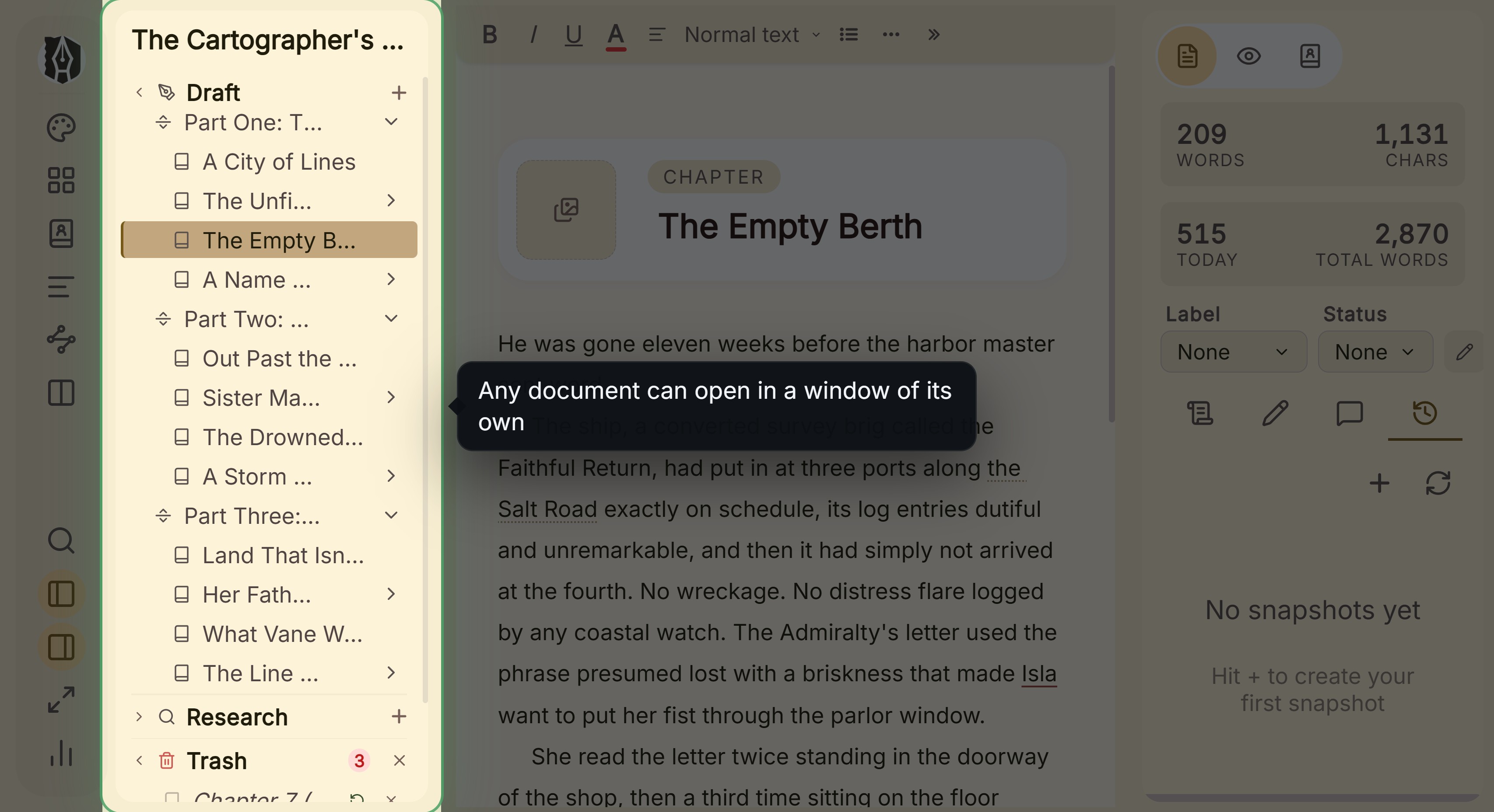 The binder, from which any document can be opened in a window of its own for a second monitor.