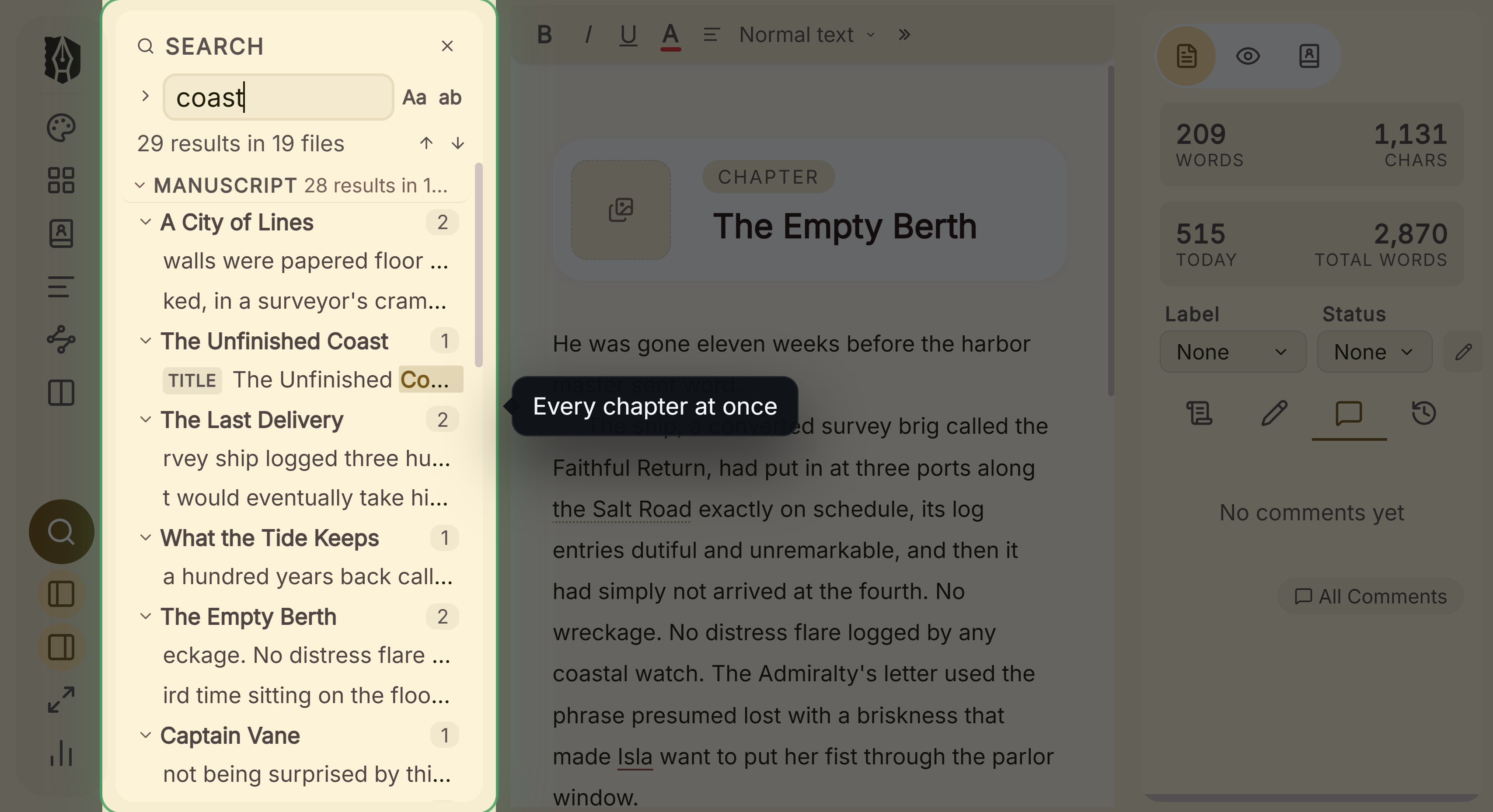 Deckle searching every chapter of a project for one word, listing each hit with the line around it.