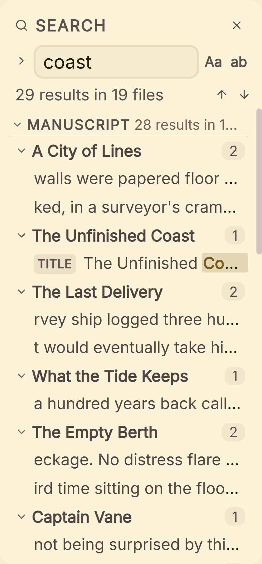 Search results across a whole book: each chapter that contains the word, with the line it appears in.