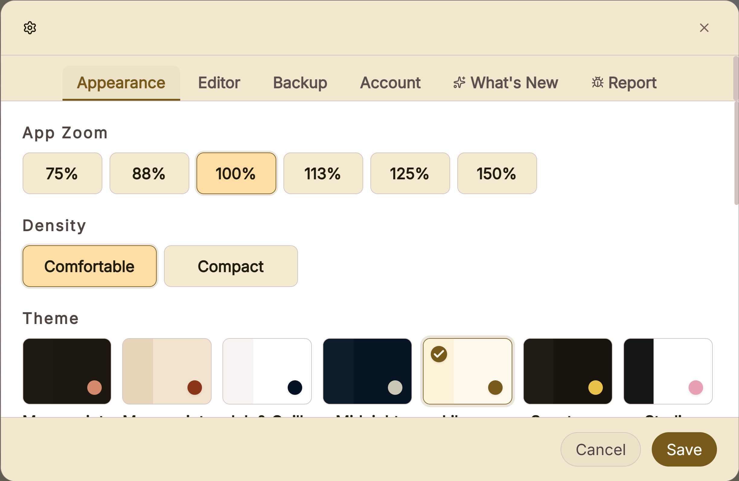 Deckle's appearance settings, with the themes the whole app can be set to and the zoom level of the text.