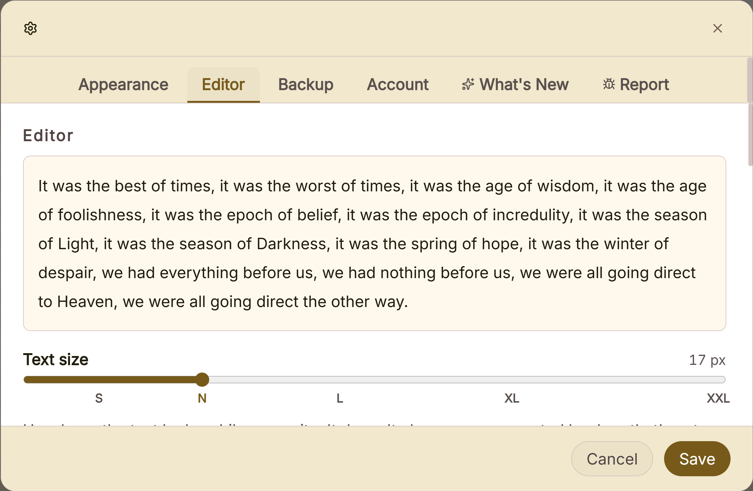 The editor settings: the writing font and its size, line spacing, and whether formatting marks are shown.