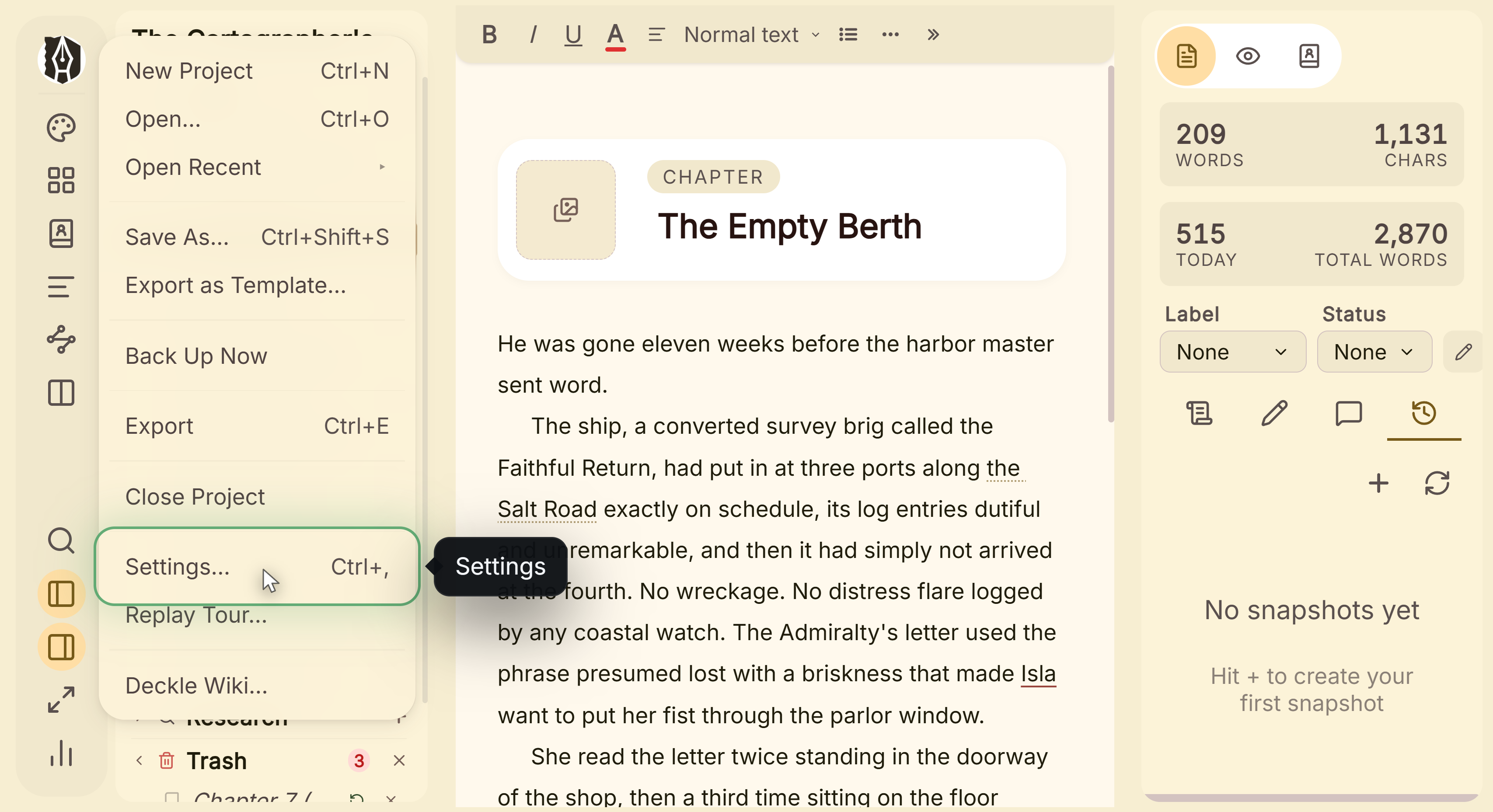 The File menu open on Settings, at the foot of the list.