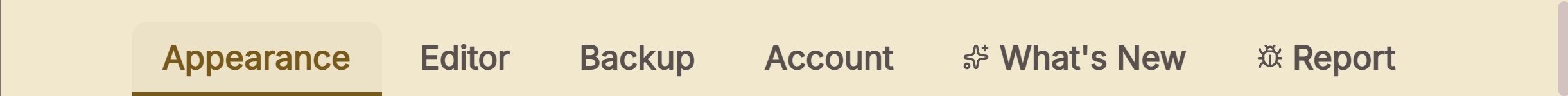 The settings tabs: appearance, editor, backup, account and what's new.