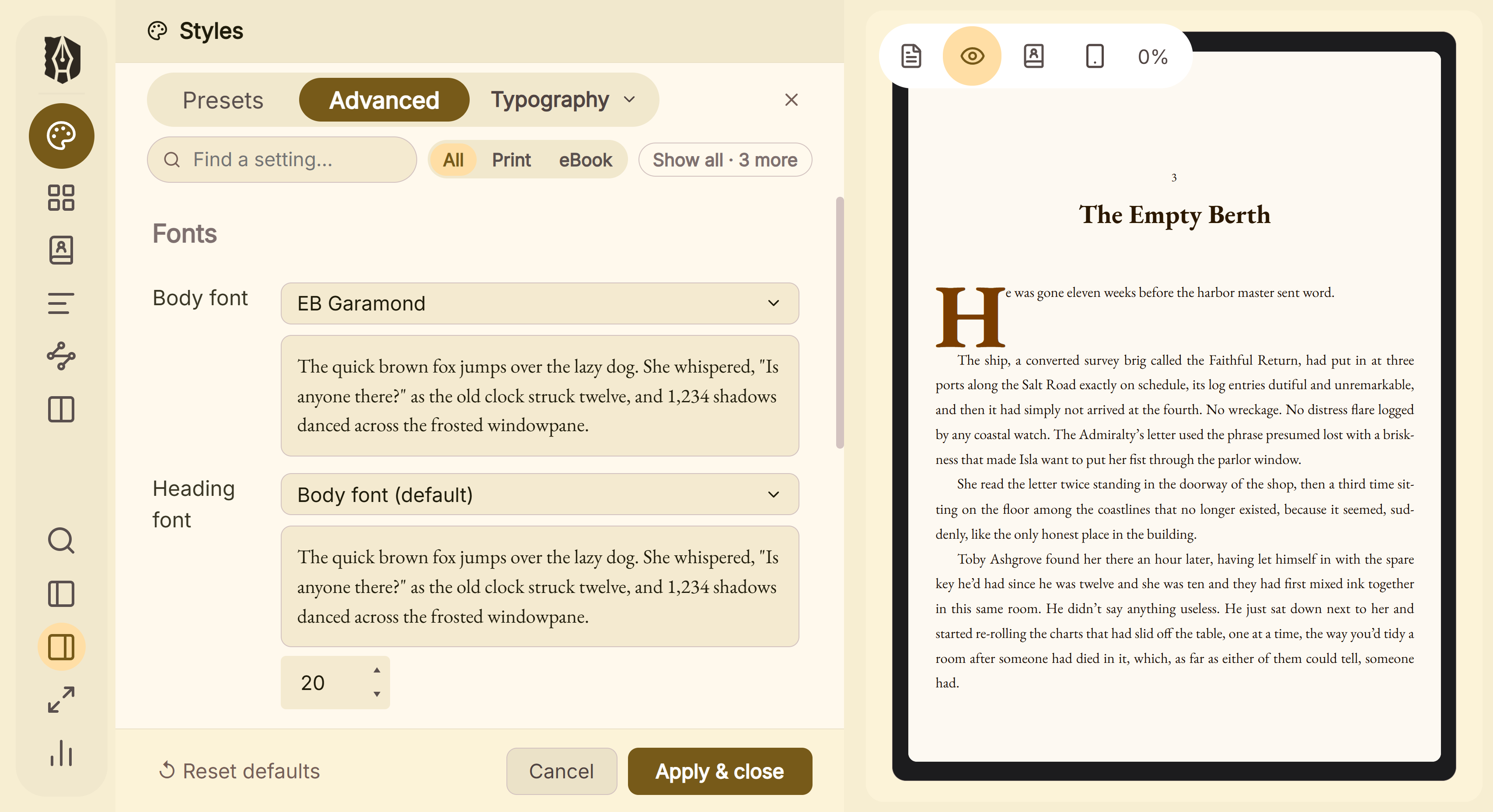 Deckle's Advanced Styler open beside the live preview, with every category of styling setting along the top.