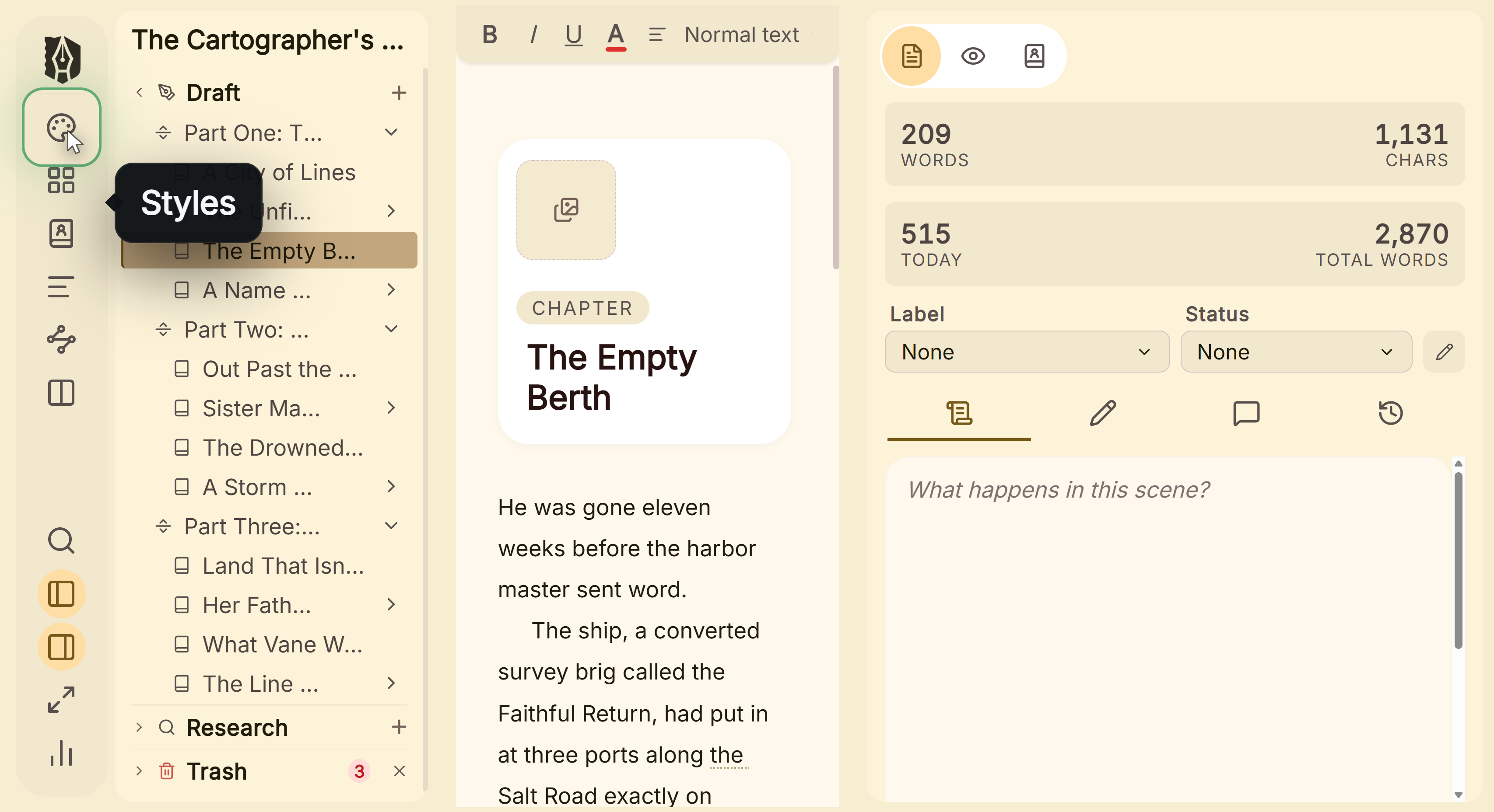 The Styles control in Deckle's left-hand menu, which opens the panel that designs the book.