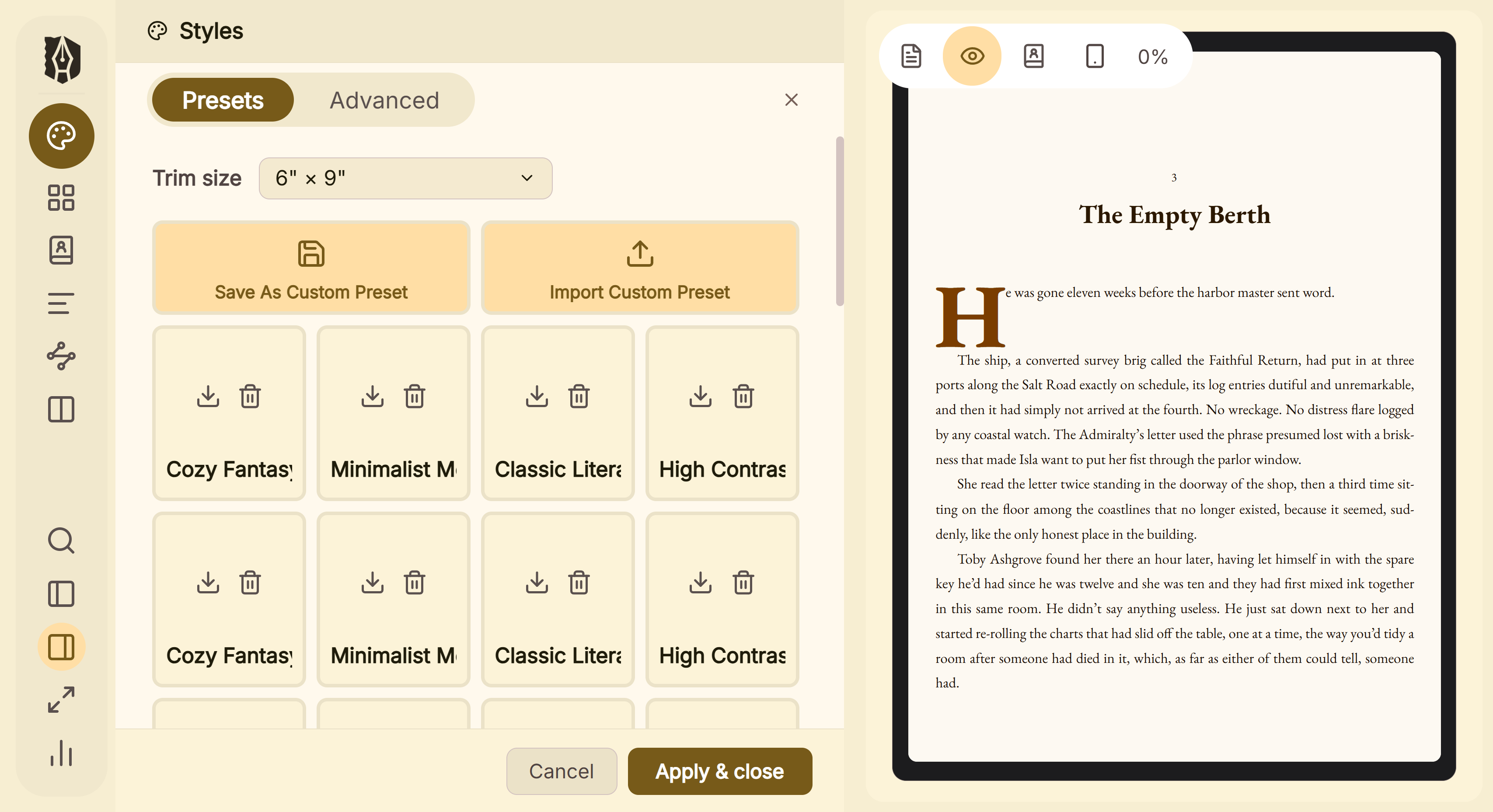 Deckle's styling presets, each a complete book design that can be applied in one click and then changed.