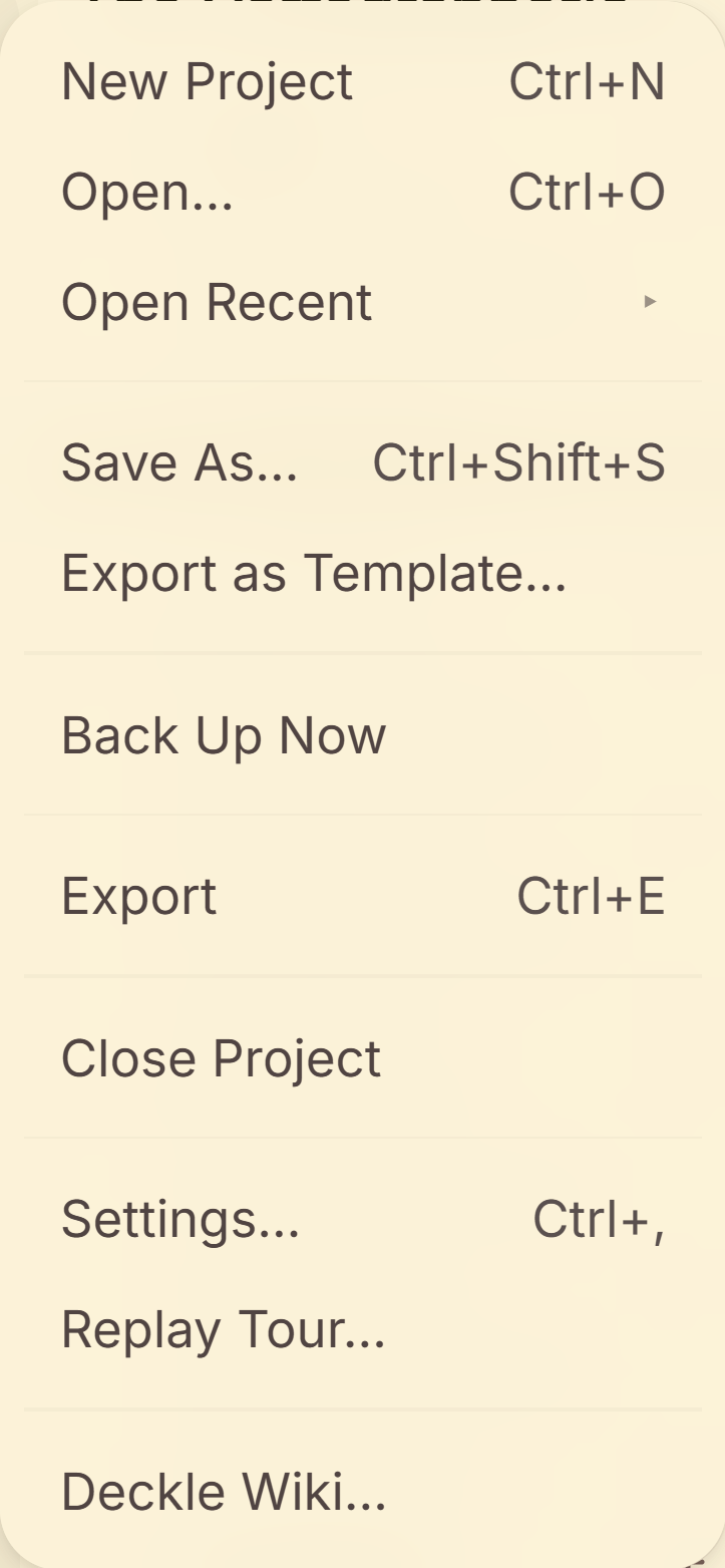 Starting a new project from a template, each of which arrives with its own binder structure and styling.