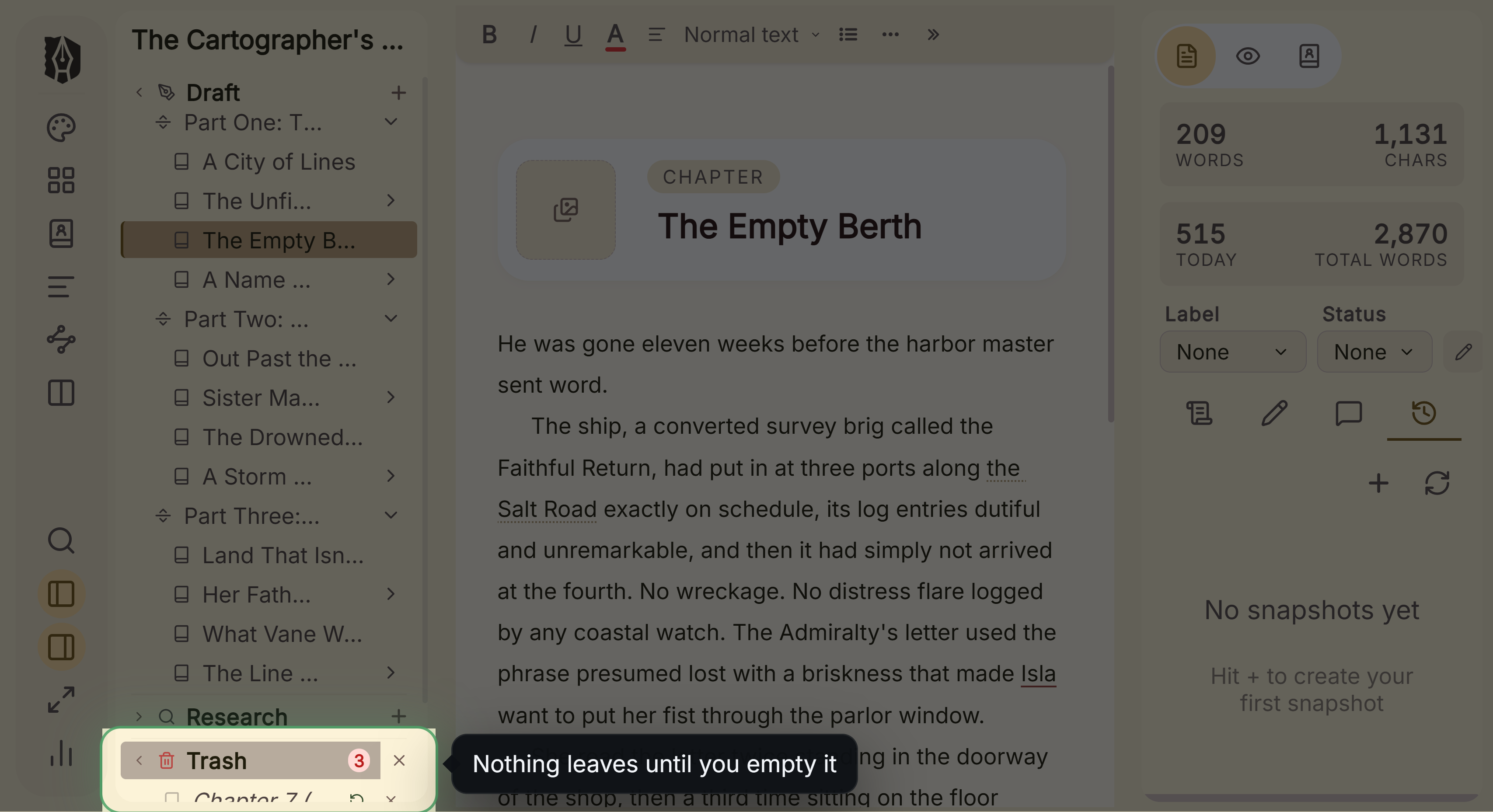 The binder's trash folder holding deleted chapters, each of which can be put back where it came from.