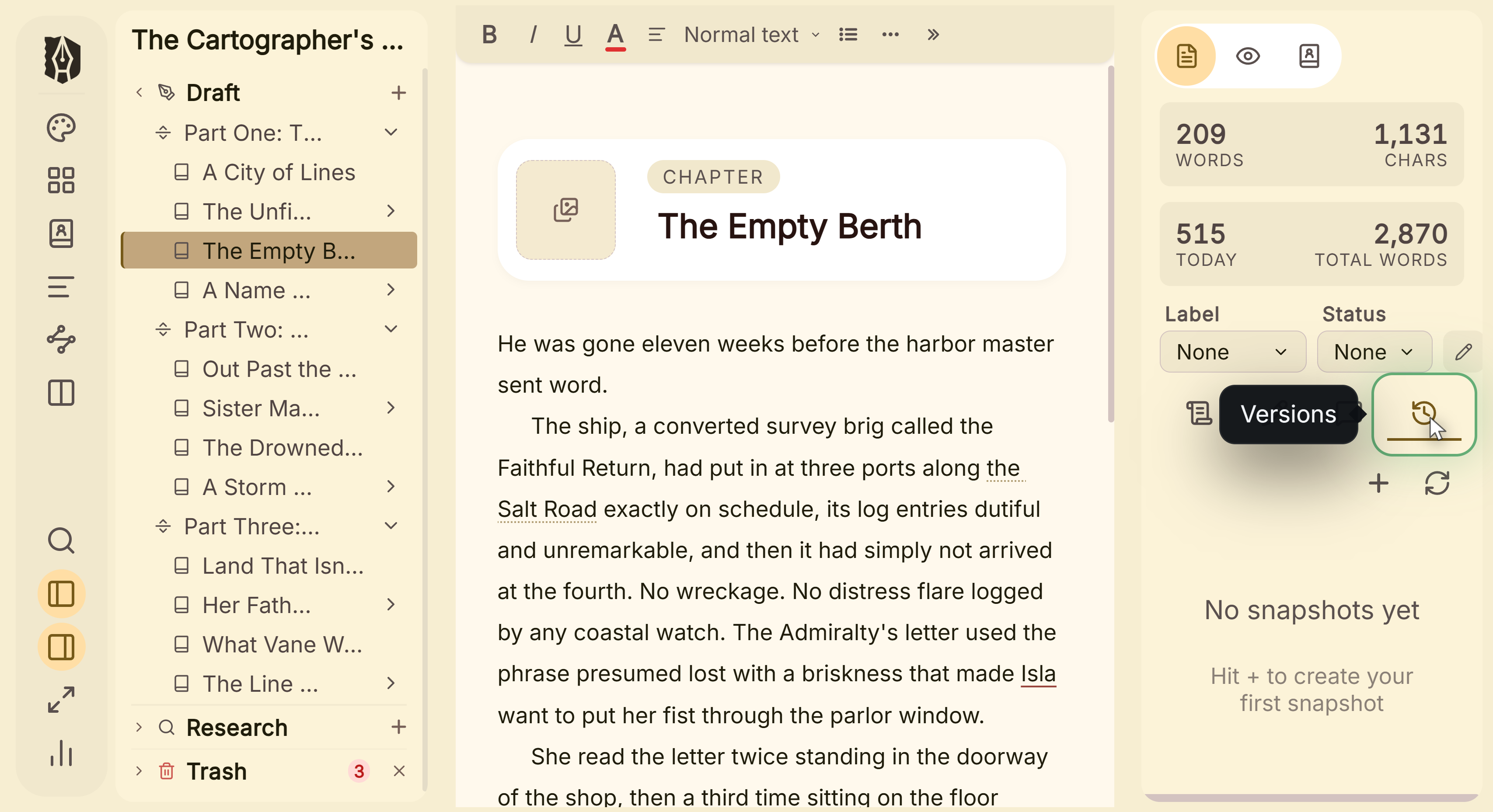 The inspector's versions tab, which keeps dated snapshots of the chapter that is open.