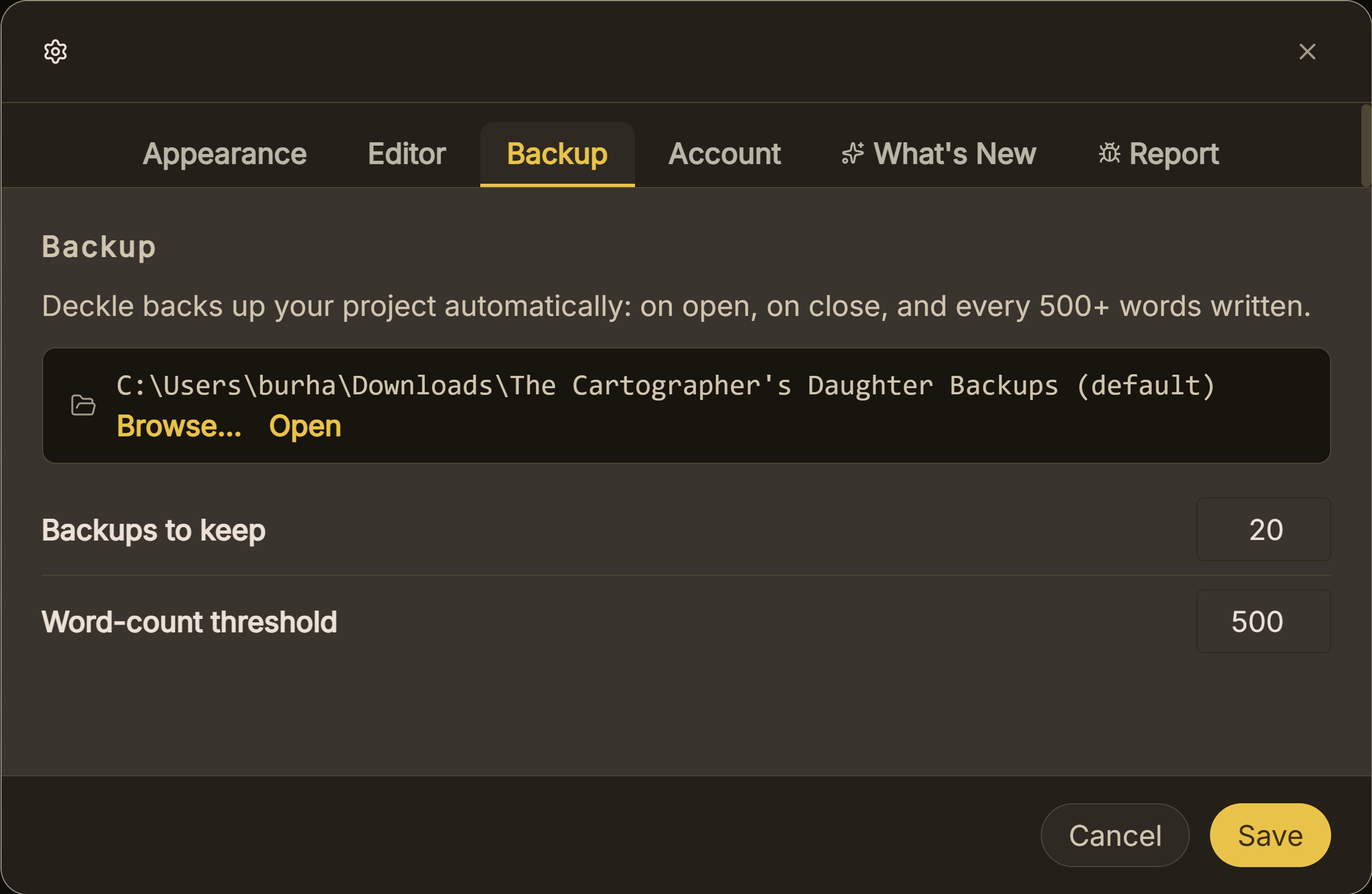 Deckle's backup settings: automatic backups of the project kept on the computer, to roll back to if a synced copy goes wrong.