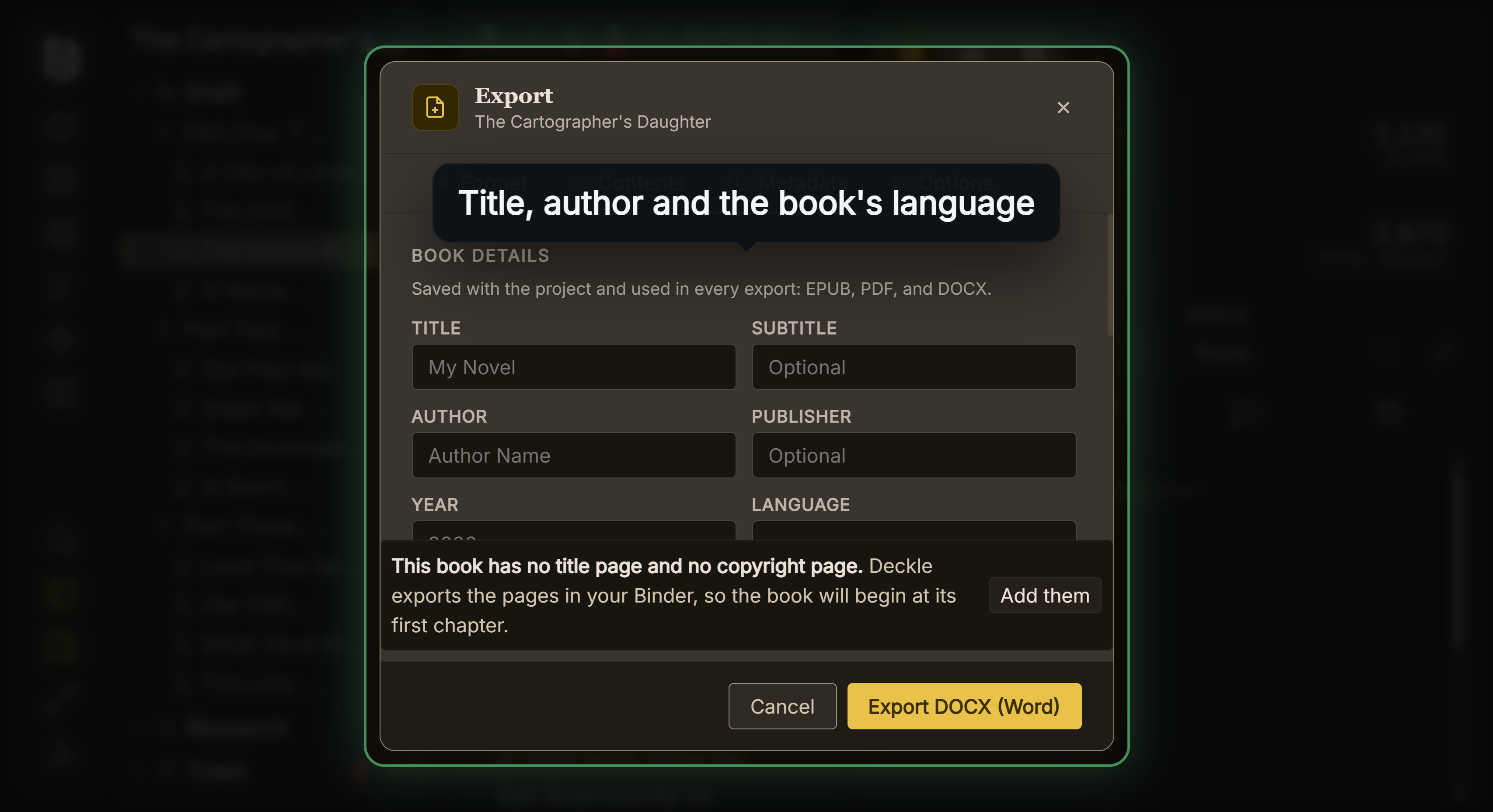 The Metadata tab of Deckle's export window: title, subtitle, author, publisher, year and the language code written into every file.