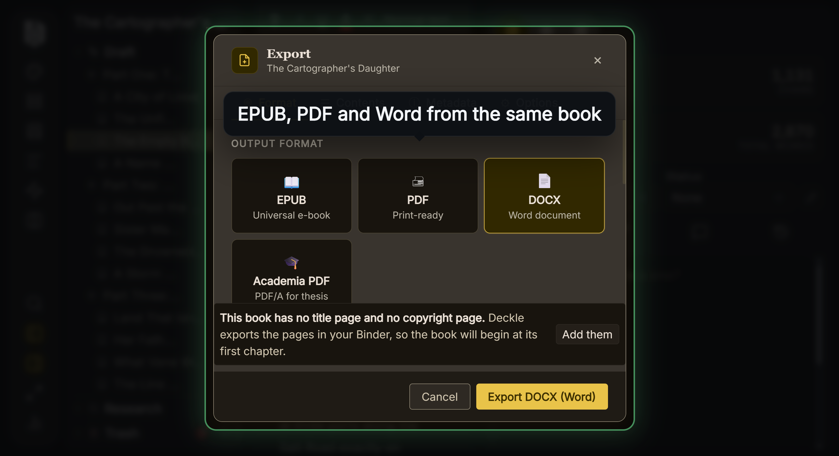 Deckle's export window offering EPUB, a print-ready PDF, a Word document and Academia PDF for the same book.
