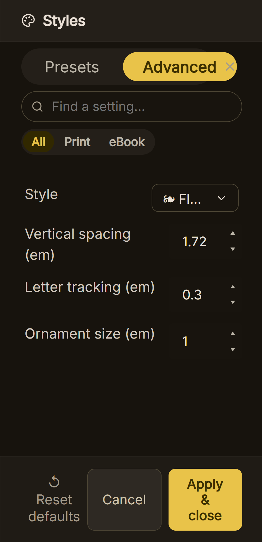 The scene break settings in Deckle's Advanced Styles panel: a fleuron chosen as the style, with vertical spacing, letter tracking and ornament size beneath it.
