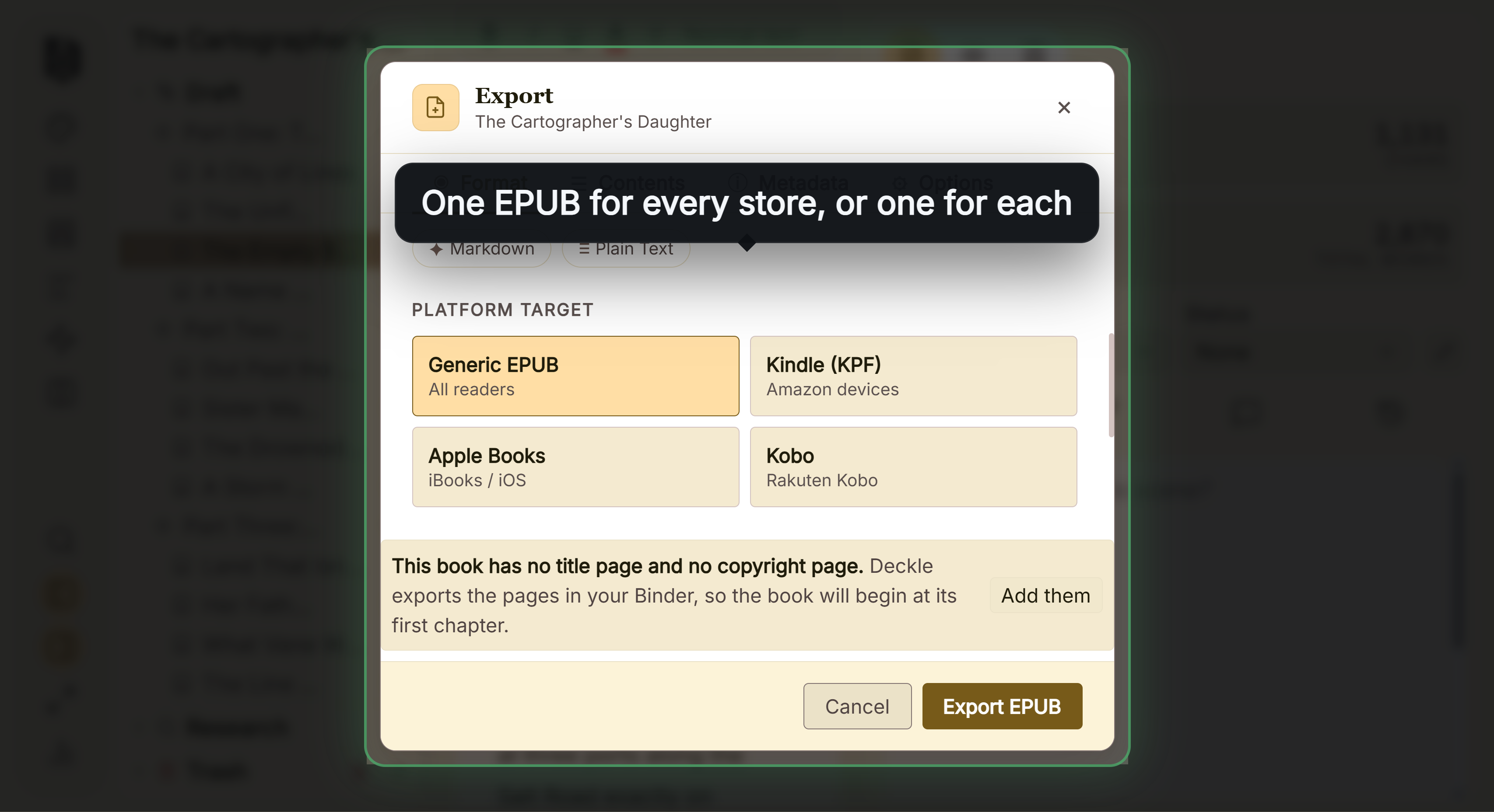 Deckle's Export window on EPUB, with four platform targets to pick from: Generic EPUB for all readers, Kindle, Apple Books and Kobo.
