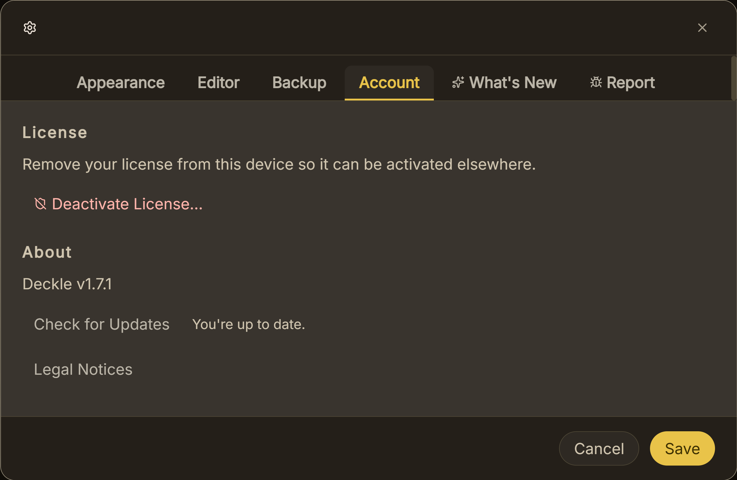 The About section of Deckle's Account settings, with the installed version and the Check for Updates button.