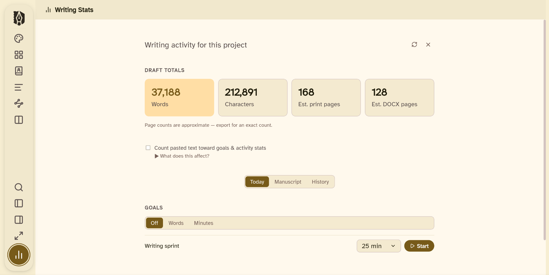 Deckle: draft totals, word count, and estimated page counts